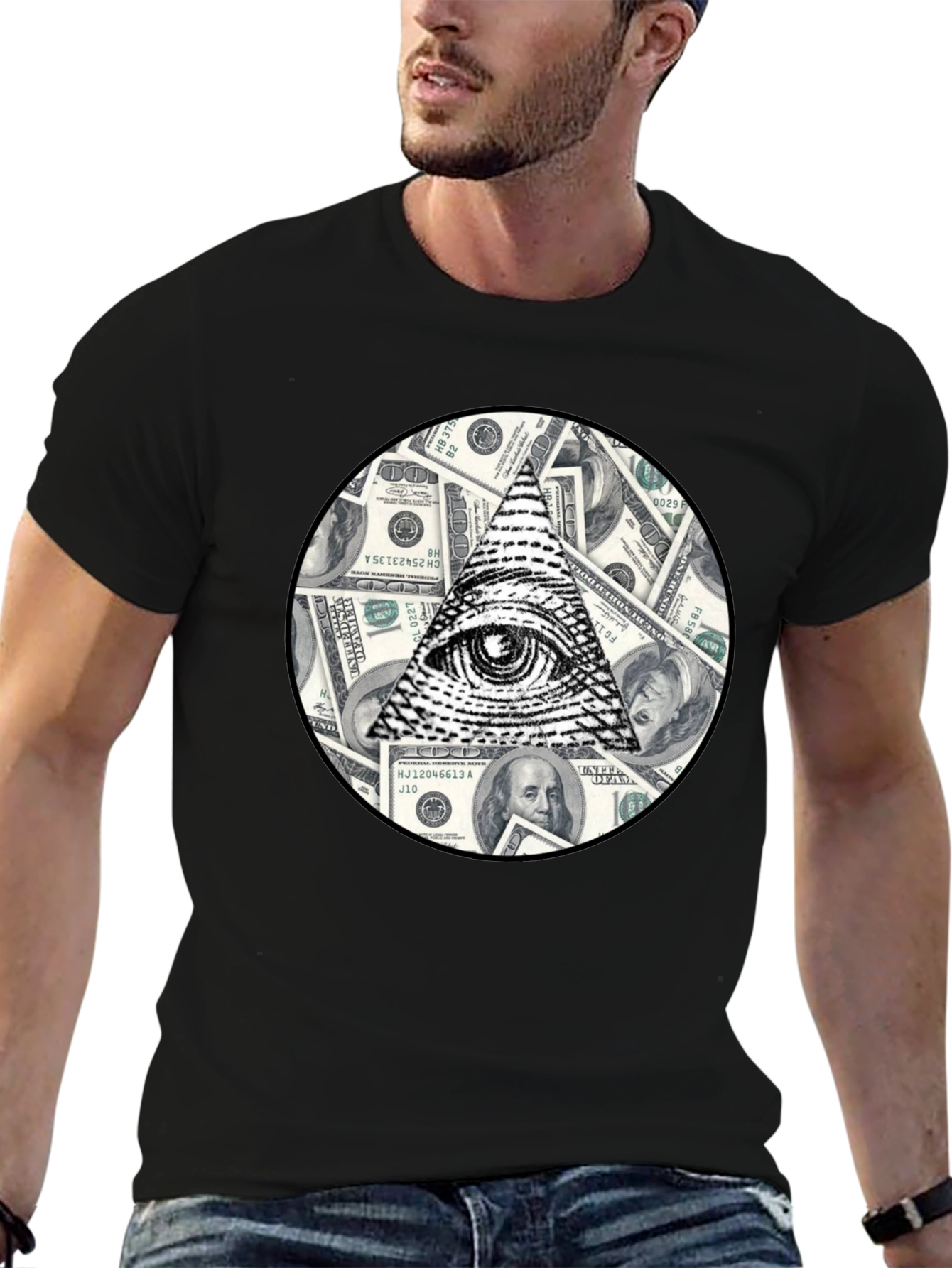 Black Illuminati Eye & Money Print Black T-Shirt view 6