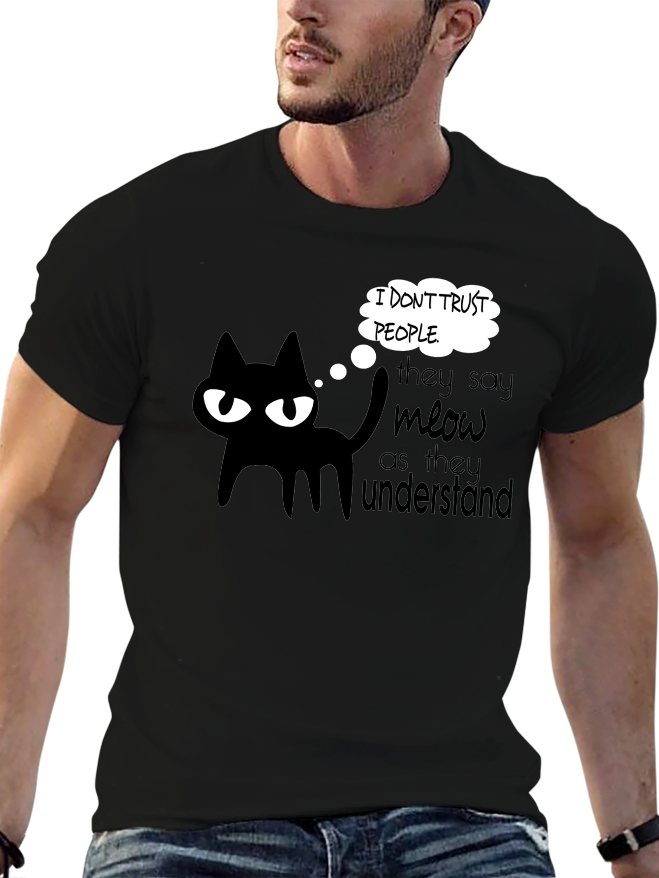 Black Cynical Cat Tee: I Don't Trust People Graphic T-Shirt view 6
