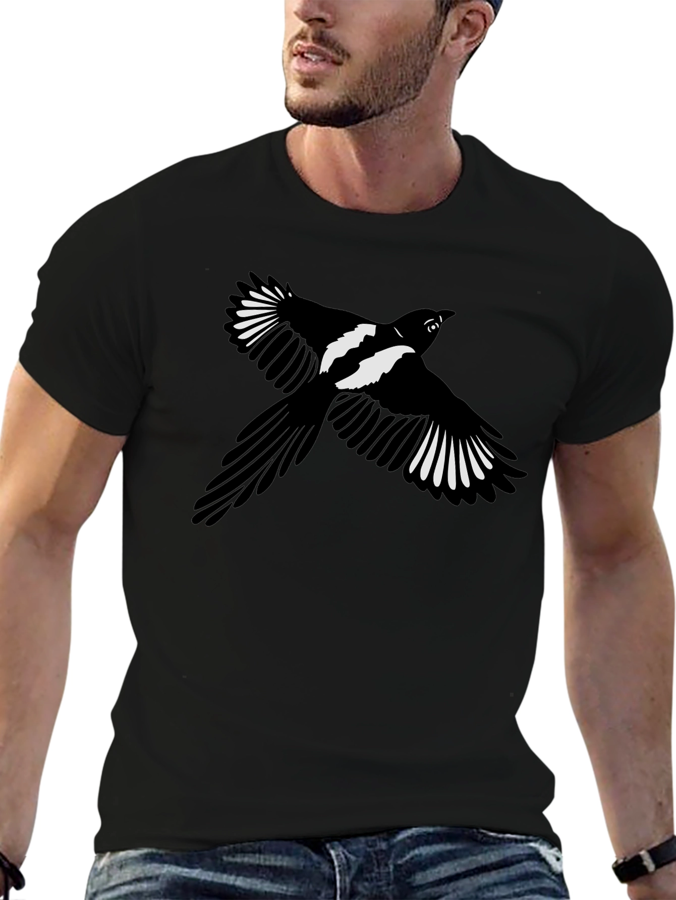Black Black T-Shirt with Magpie Bird Graphic view 6