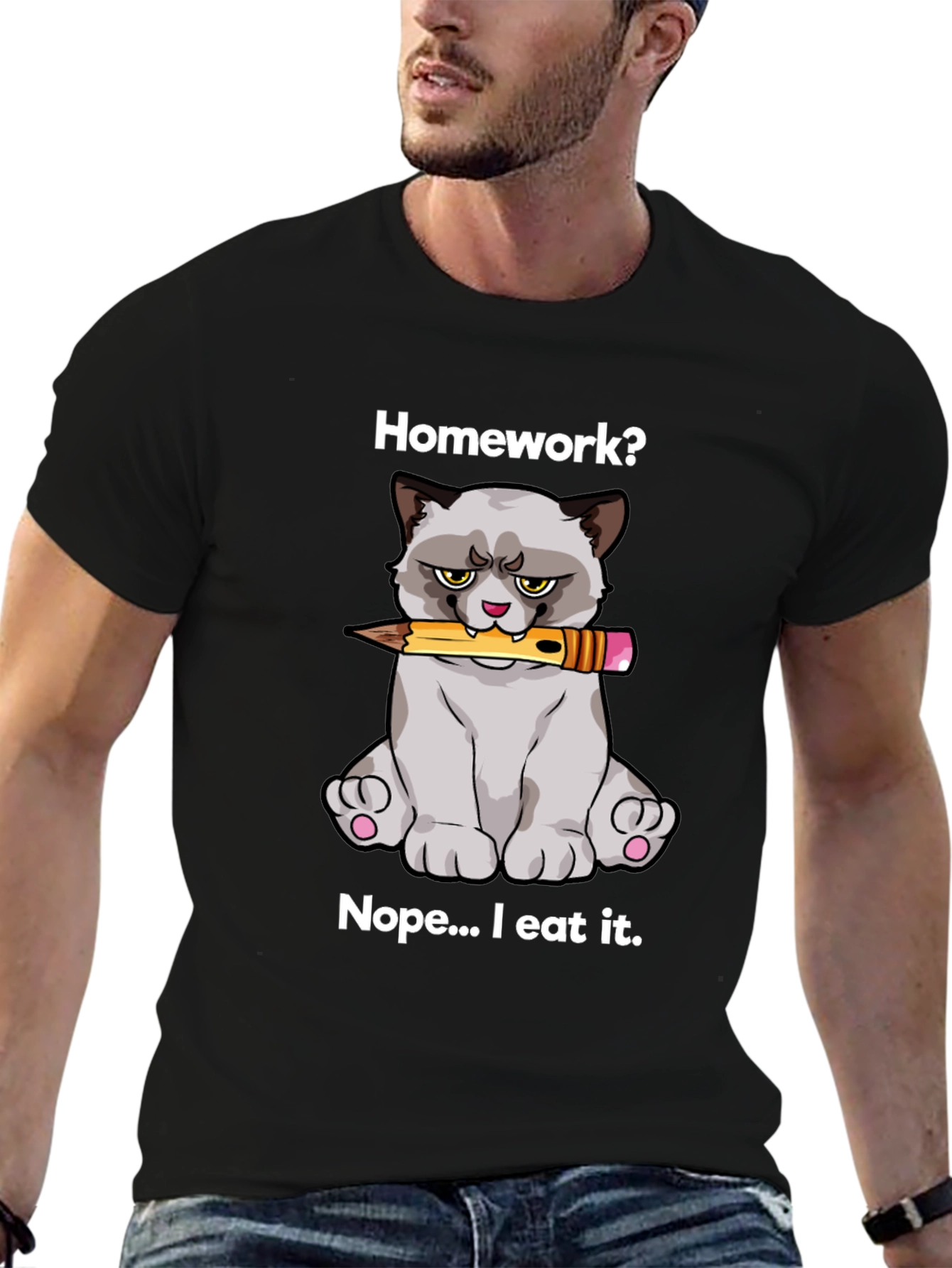 Black Homework Eating Cat T-Shirt view 6