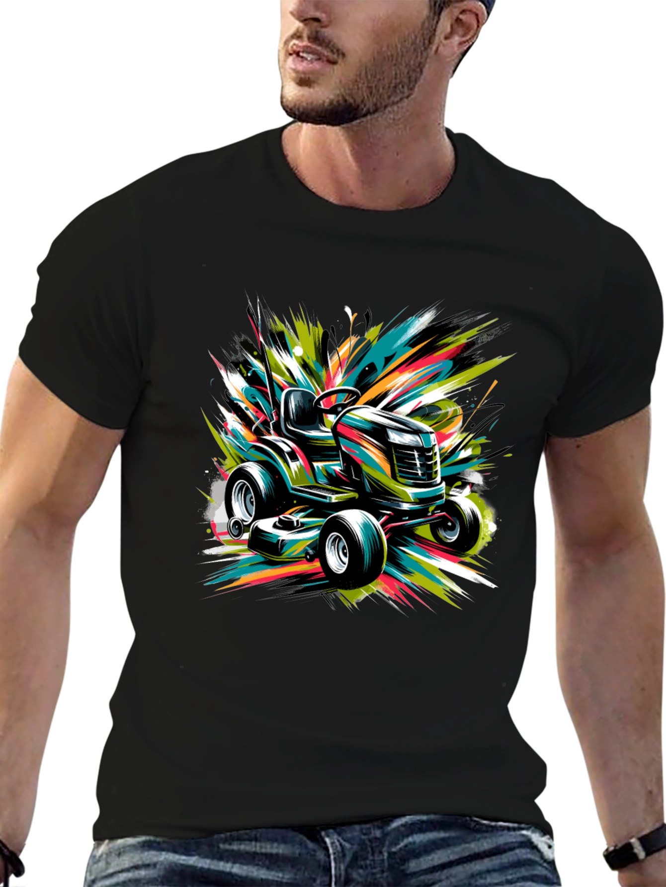 Black Vibrant Lawn Mower Graphic Tee view 6
