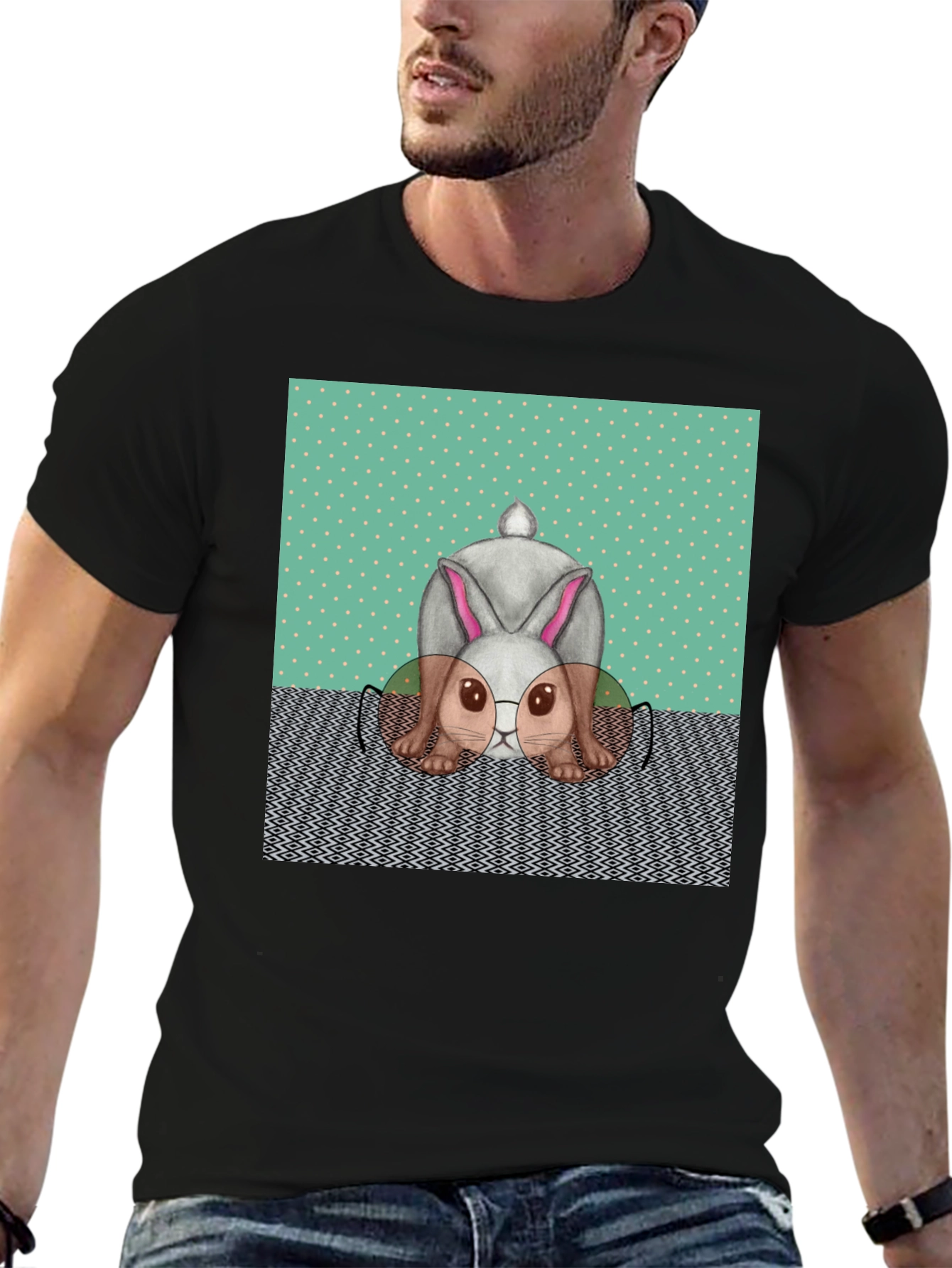 Black Funny Bunny T-Shirt - Reading Rabbit Design view 6