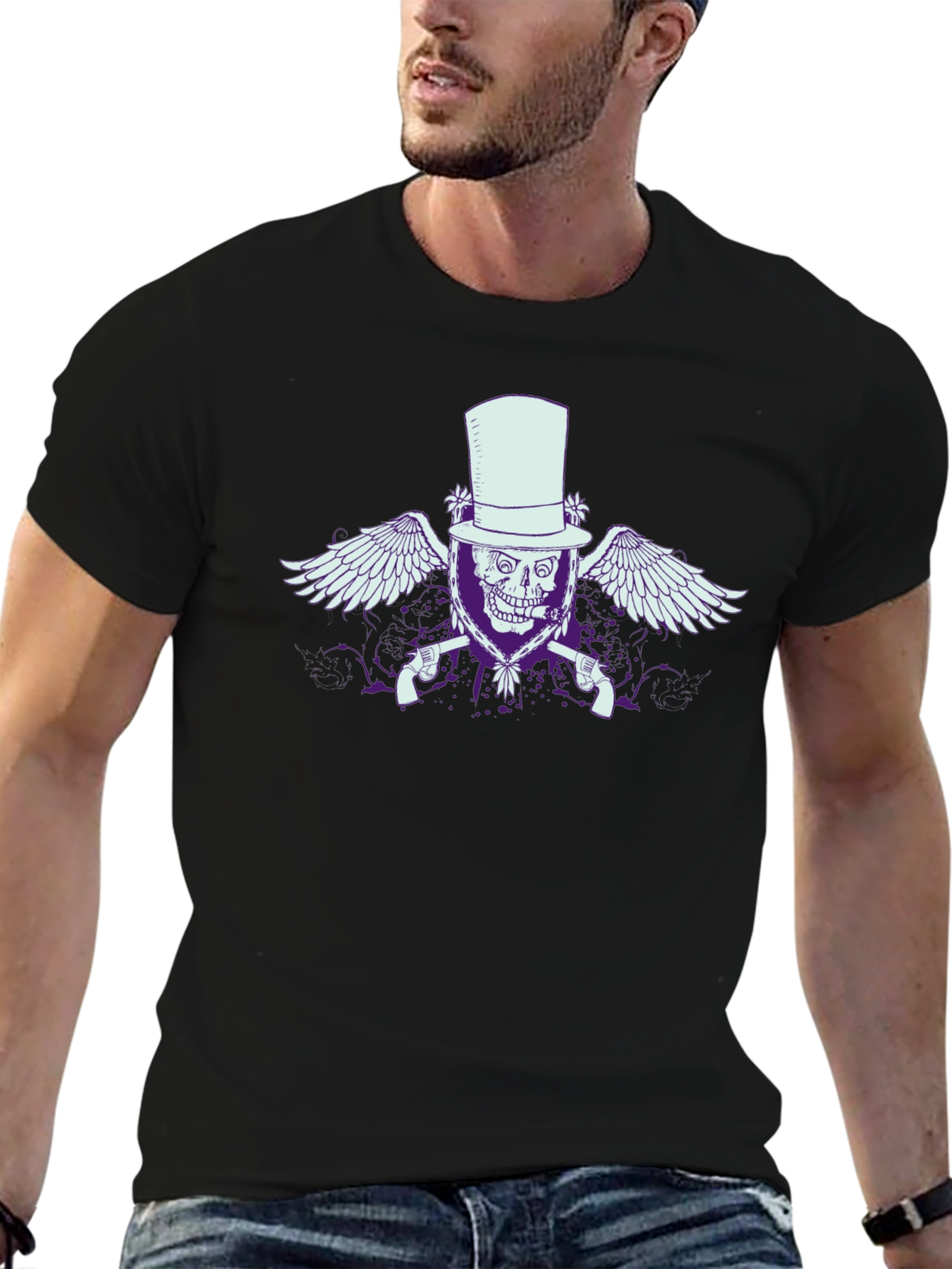 Black Skull & Guns Graphic T-Shirt - Top Hat Design view 6
