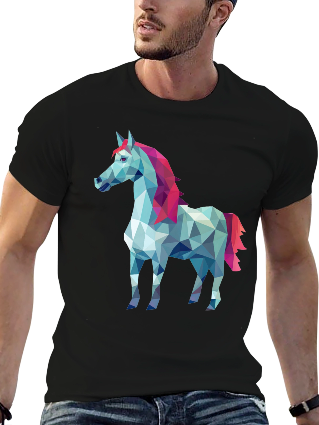 Black Geometric Horse Graphic Tee - Stylish Men's Black T-Shirt view 6