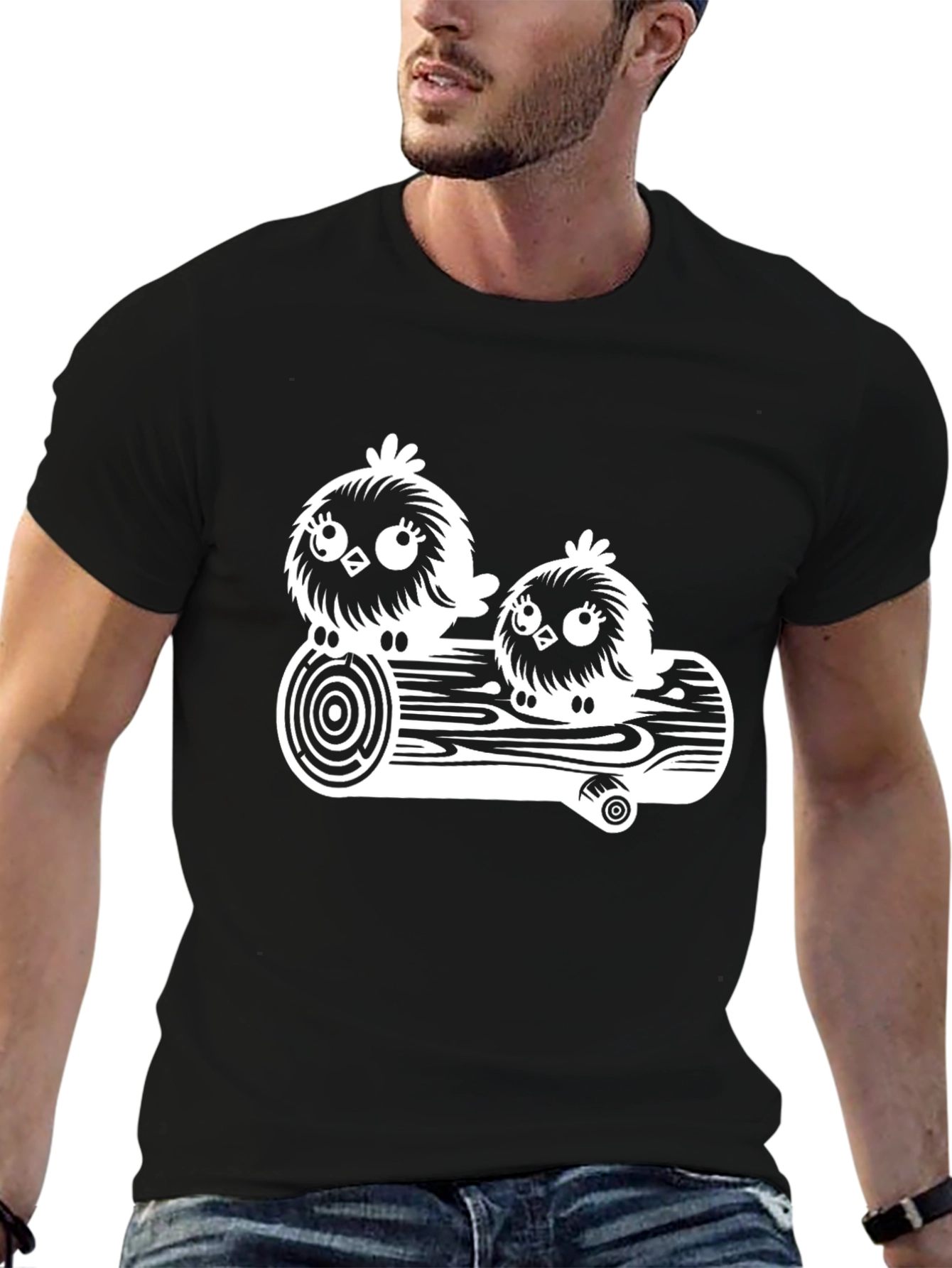 Black Cute Bird on a Log Graphic T-Shirt view 6