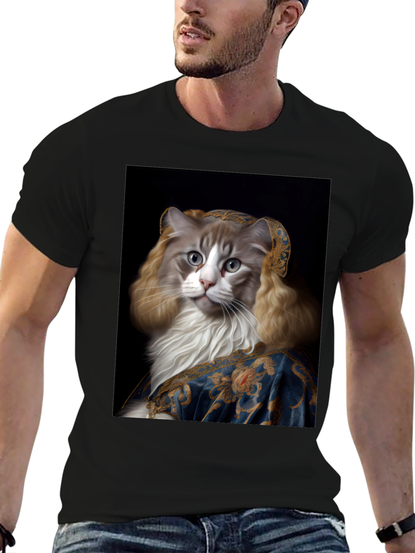 Black Cat Renaissance Portrait T-Shirt view 6