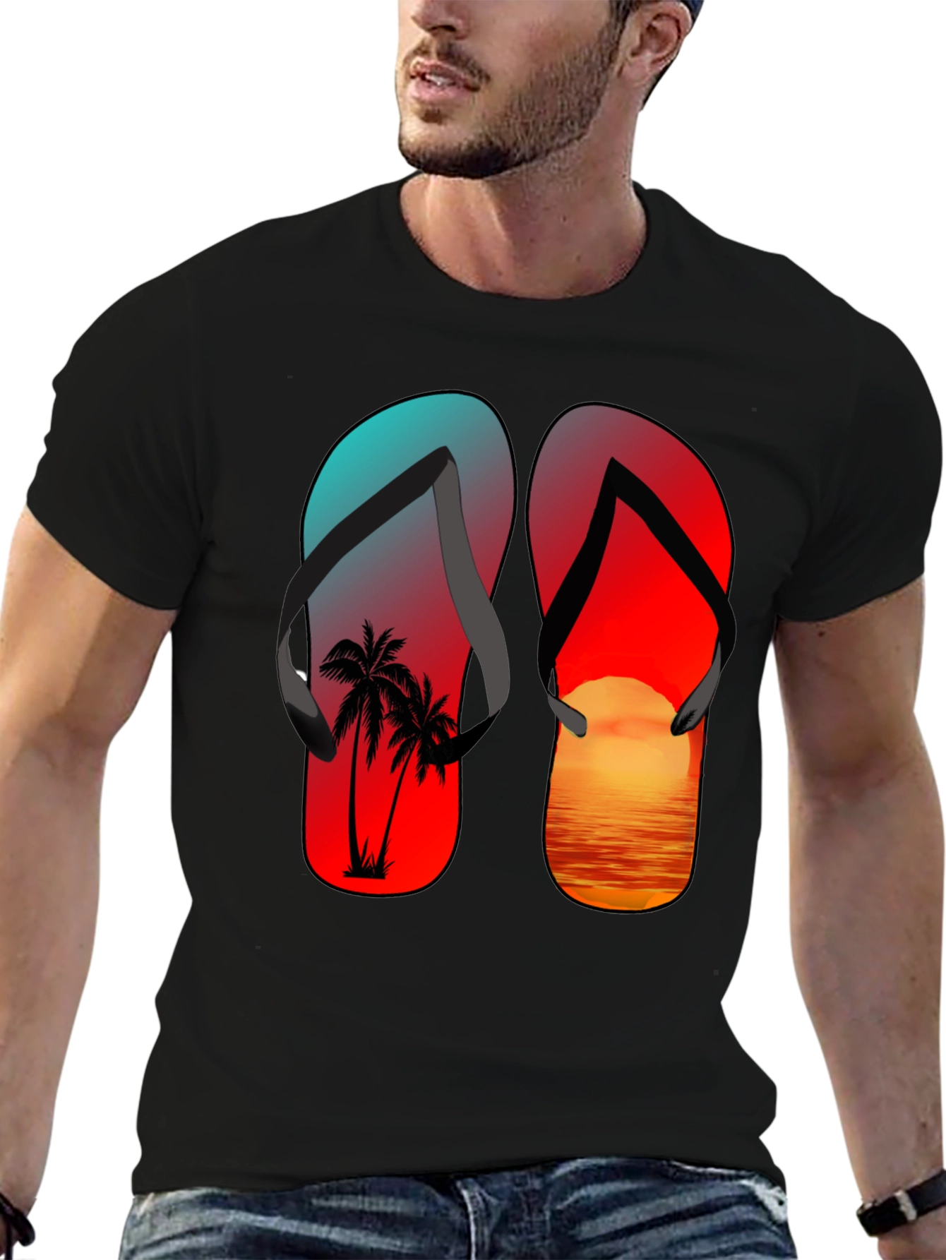 Black Tropical Flip Flop Sunset T-Shirt view 6