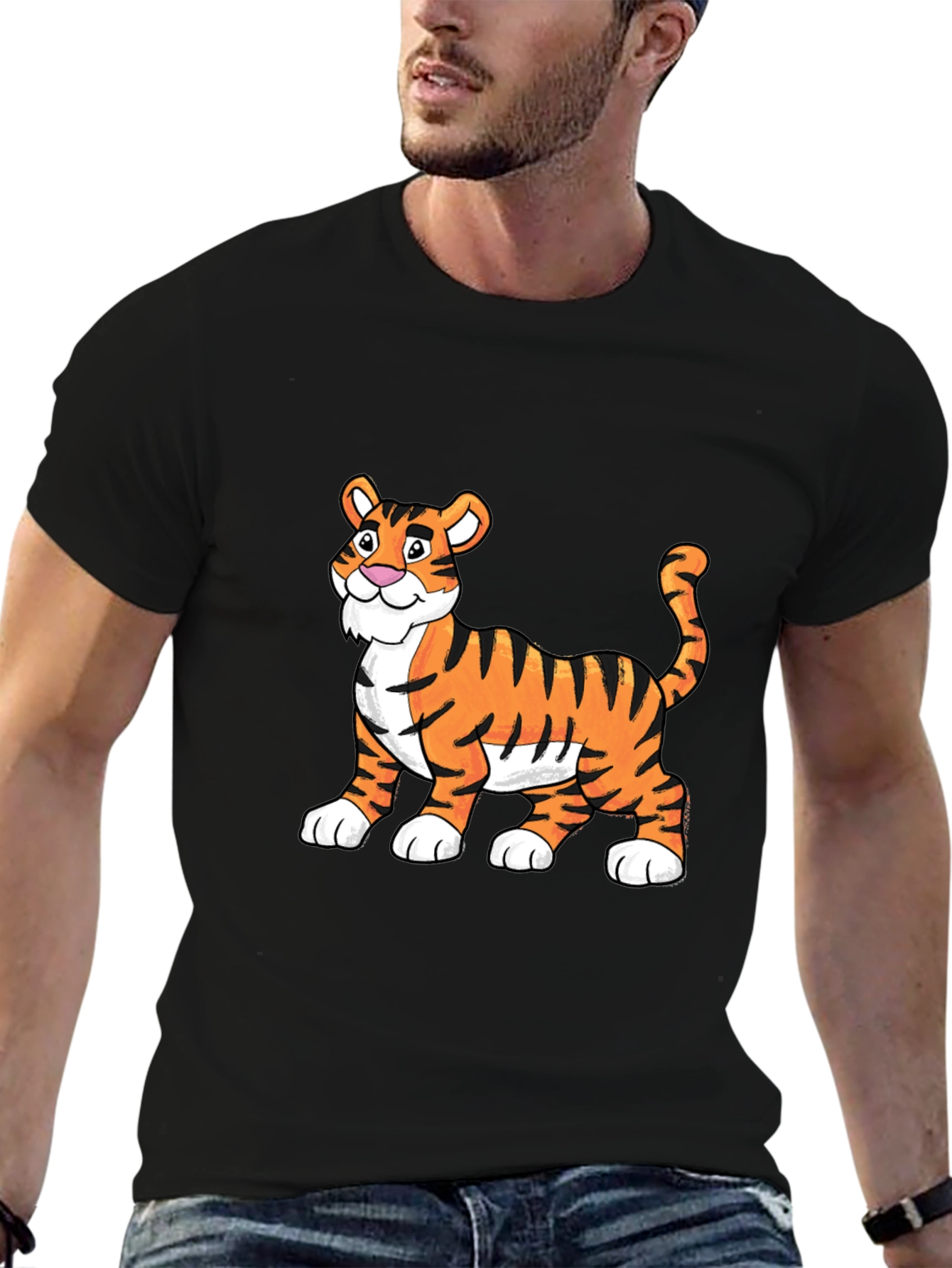 Black Cartoon Tiger Graphic Tee - Soft Black Cotton view 6