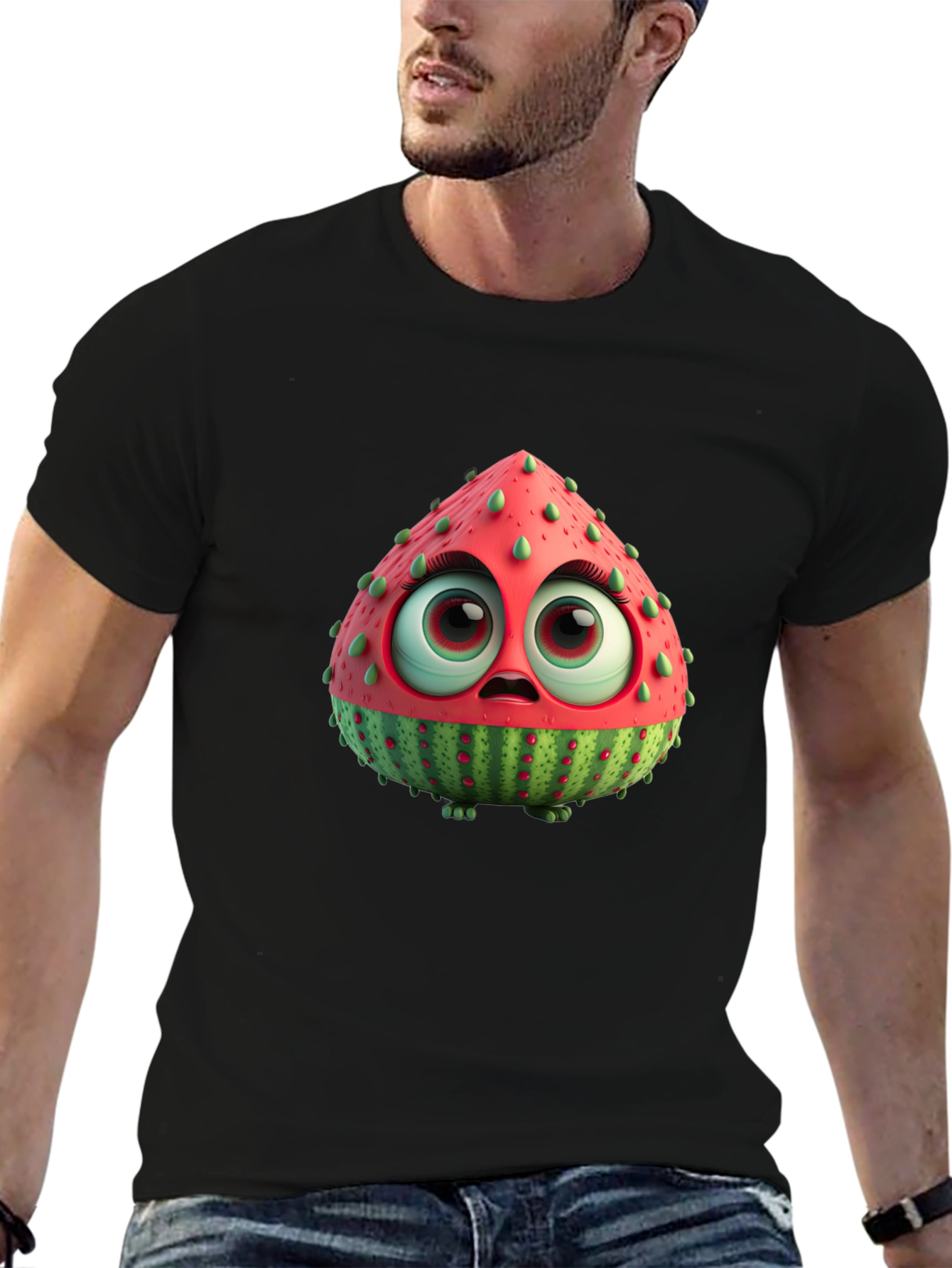 Black Cartoon Watermelon Character Black T-Shirt view 6