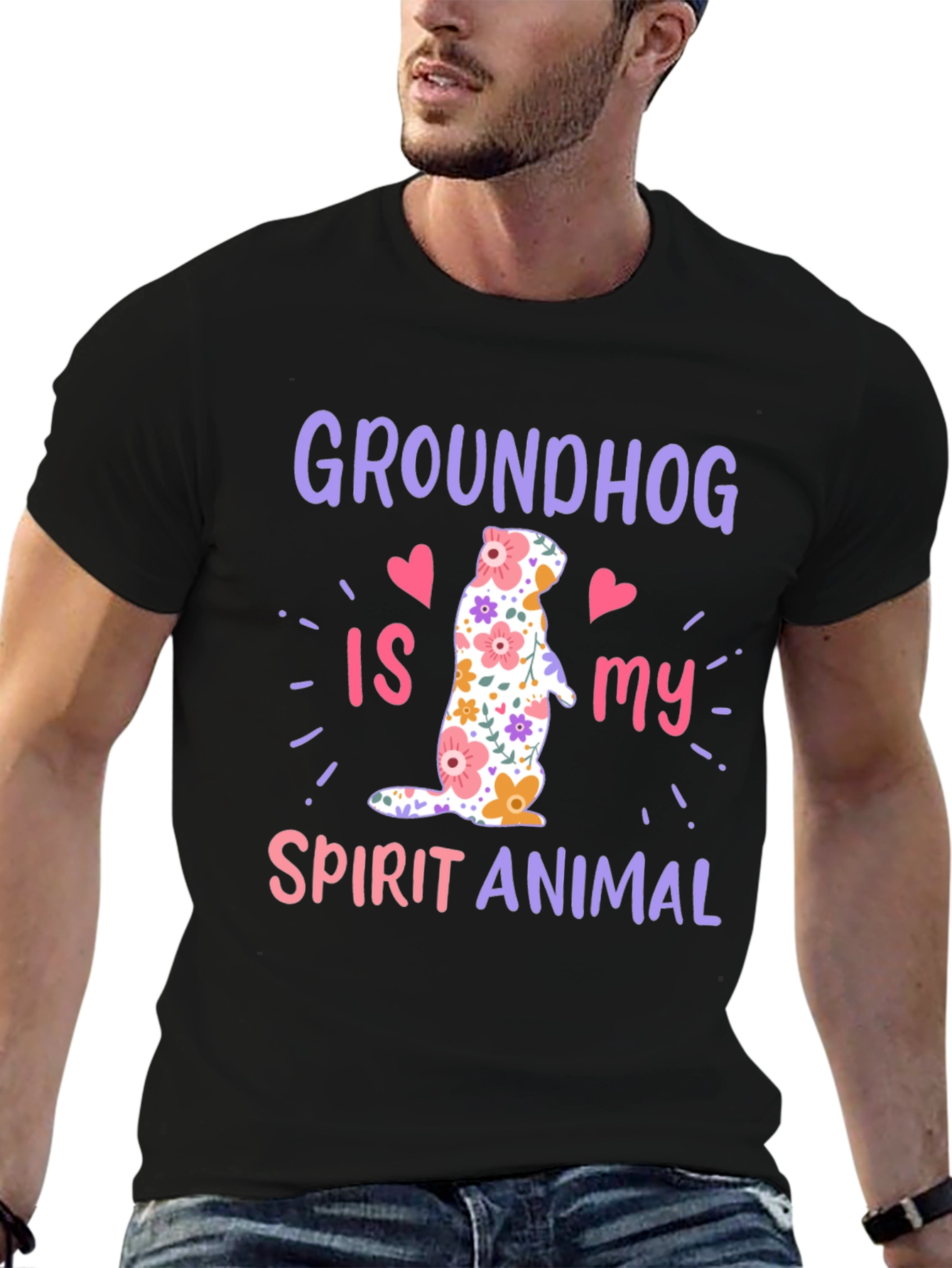 Black Groundhog Spirit Animal T-Shirt Funny Floral Design view 6