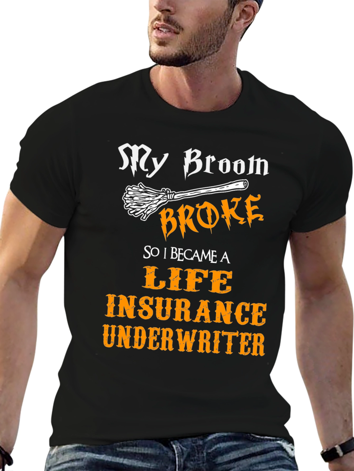 Black Funny Life Insurance Underwriter Broom T-Shirt view 6