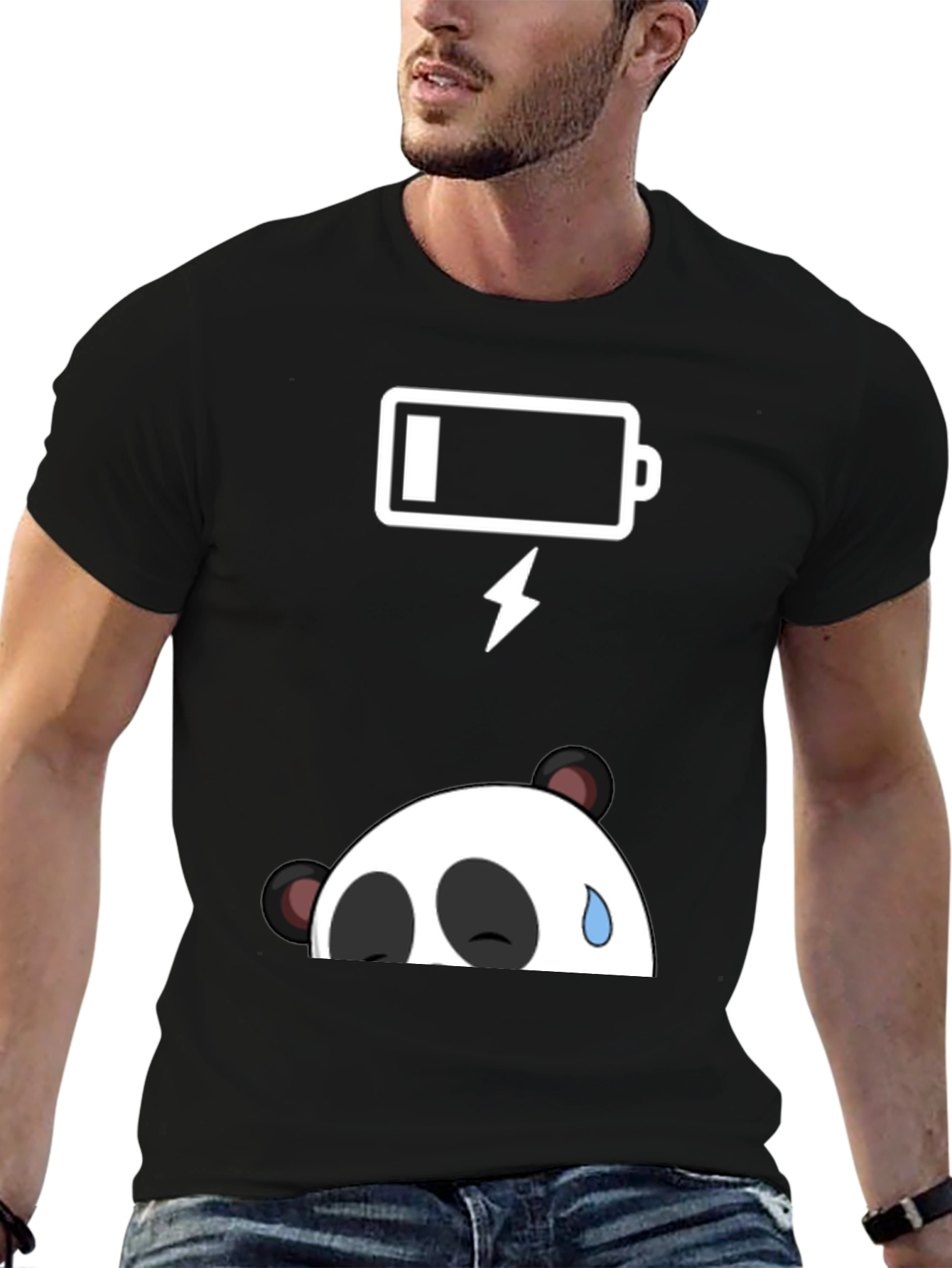 Black Funny Panda Low Battery Graphic Tee - Black Cotton T-Shirt view 6