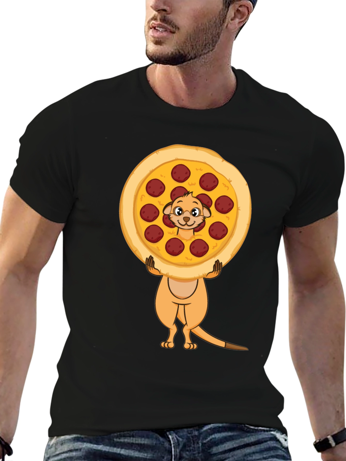 Black Funny Meerkat Pizza Lover Black T-Shirt view 6