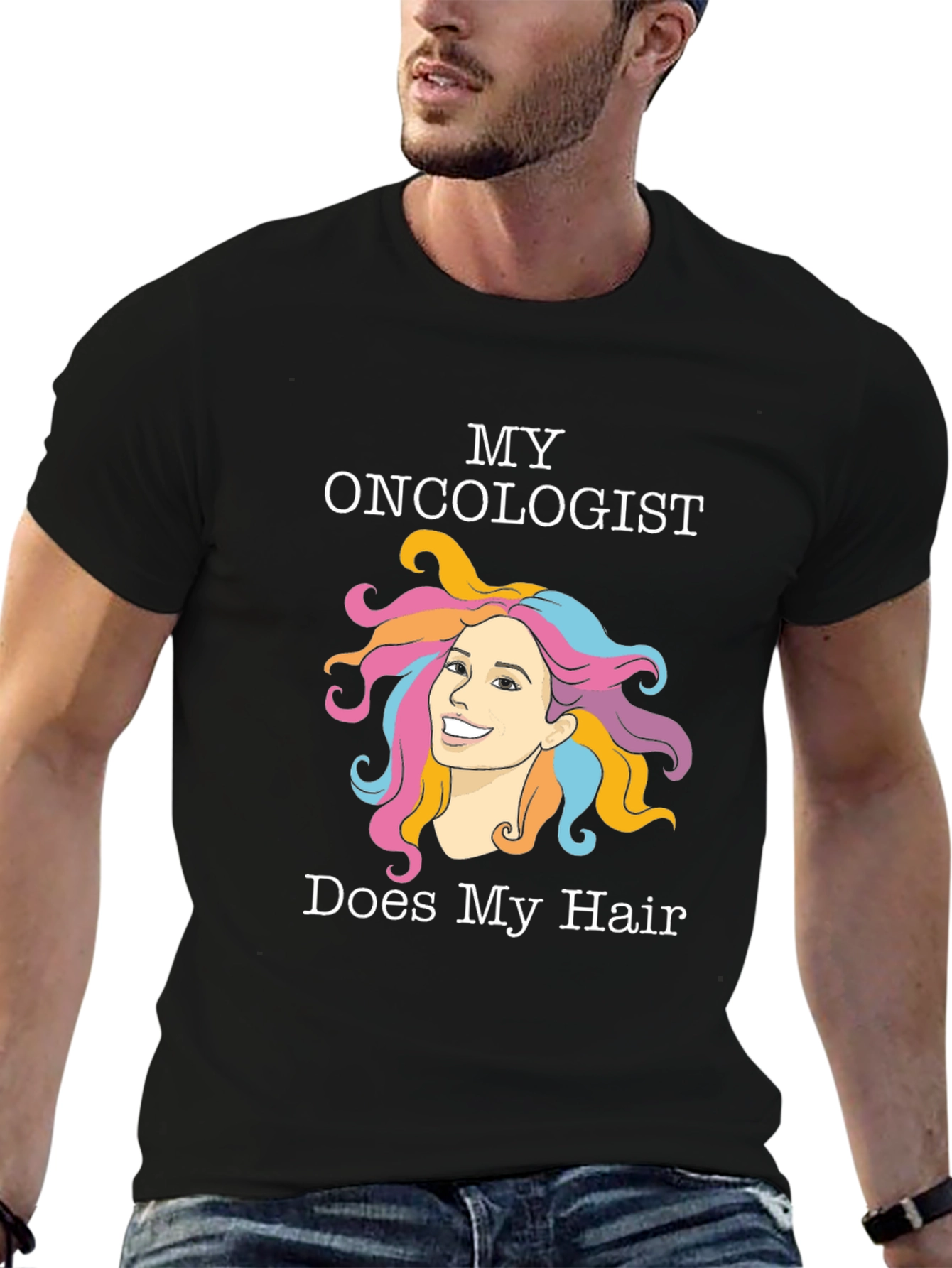 Black Funny Oncology T-Shirt - Hair Design view 6