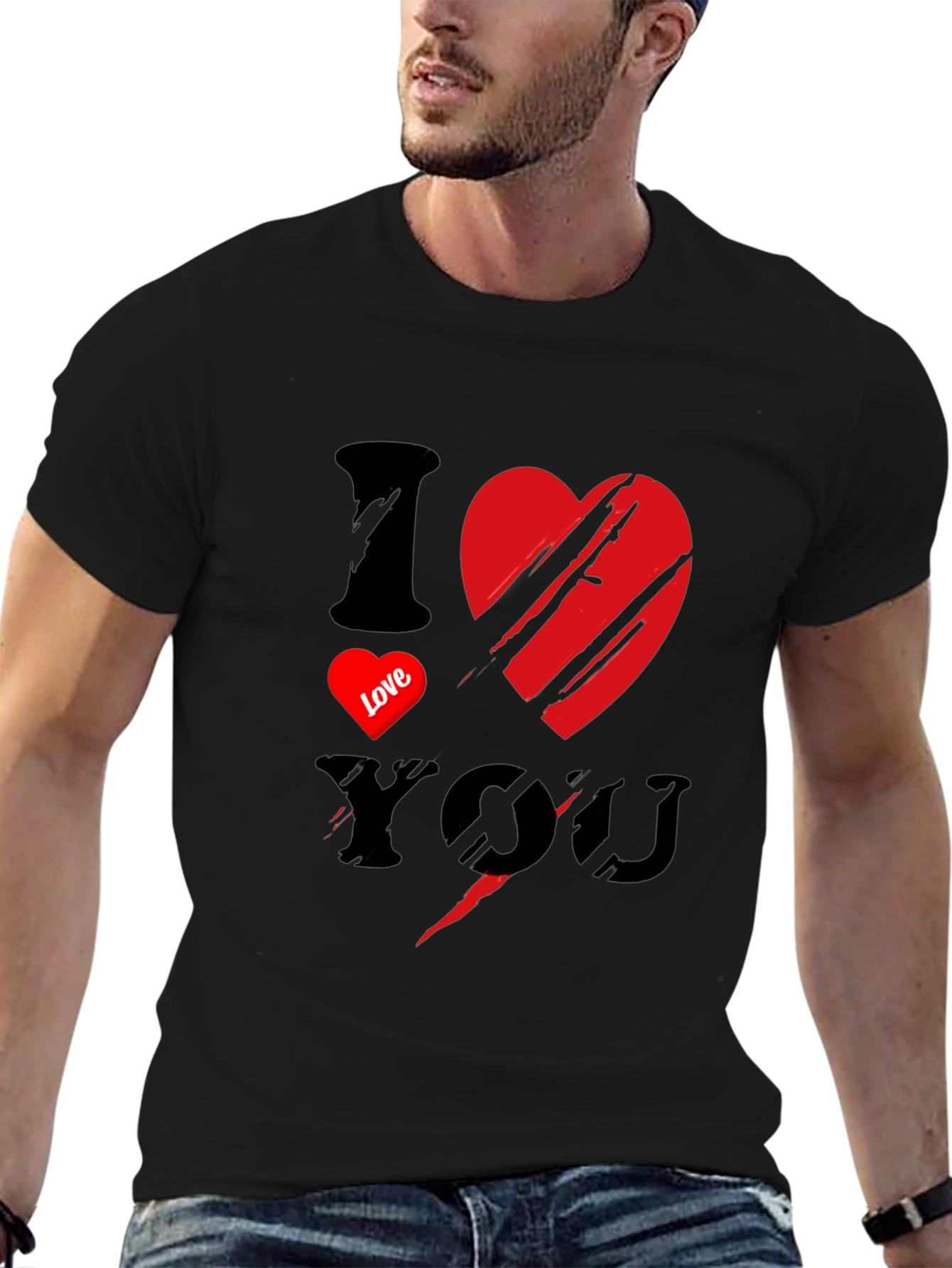 Black I Love You Graphic Print Men's Black T-Shirt view 6