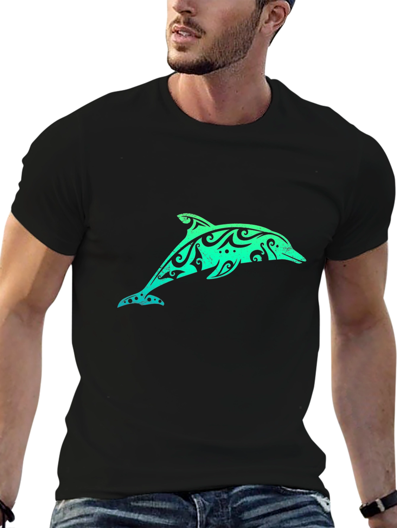 Black Tribal Dolphin Graphic Tee - Black Cotton T-Shirt view 6