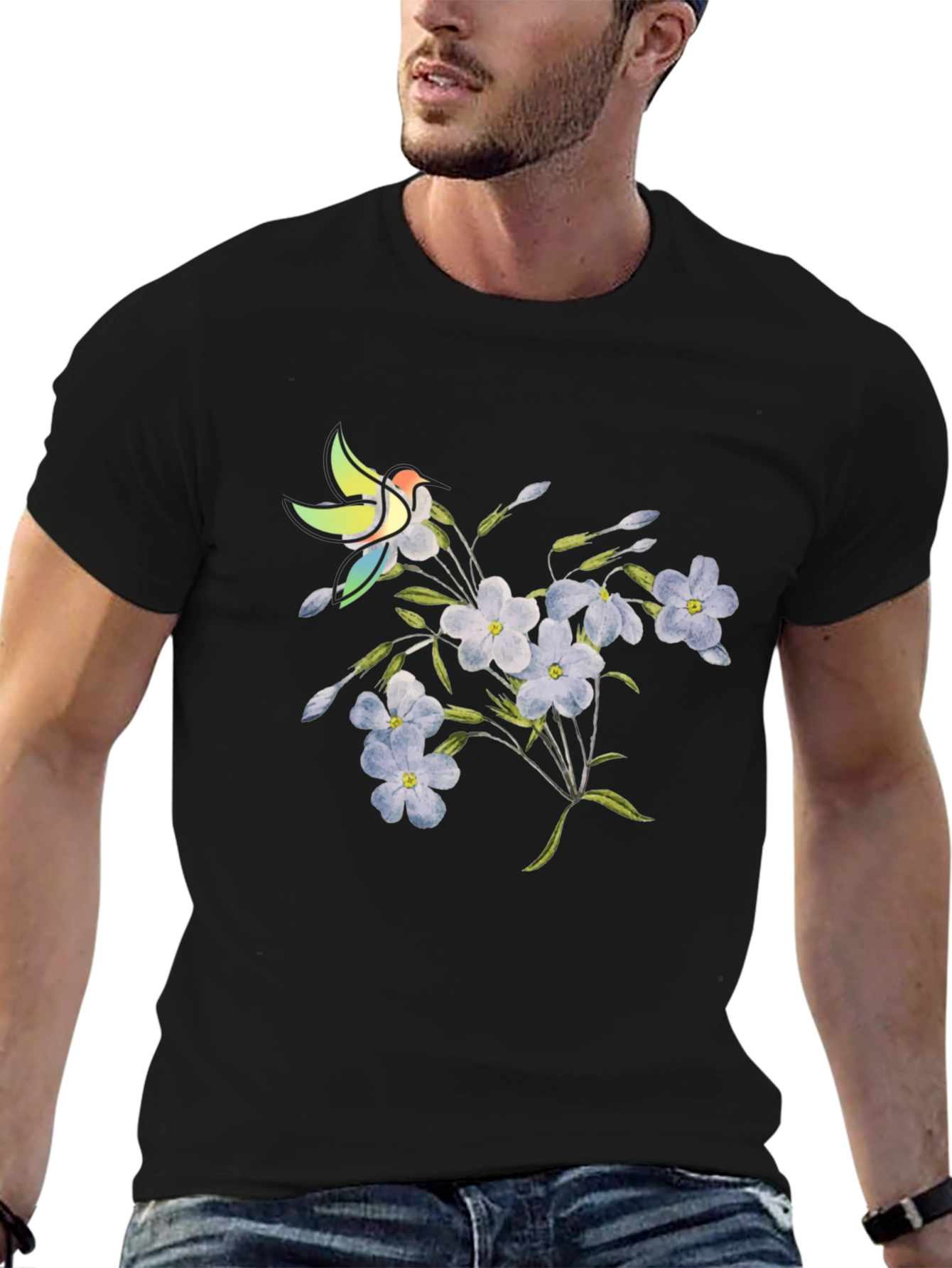 Black Floral & Bird Graphic Tee - Casual Black T-Shirt view 6