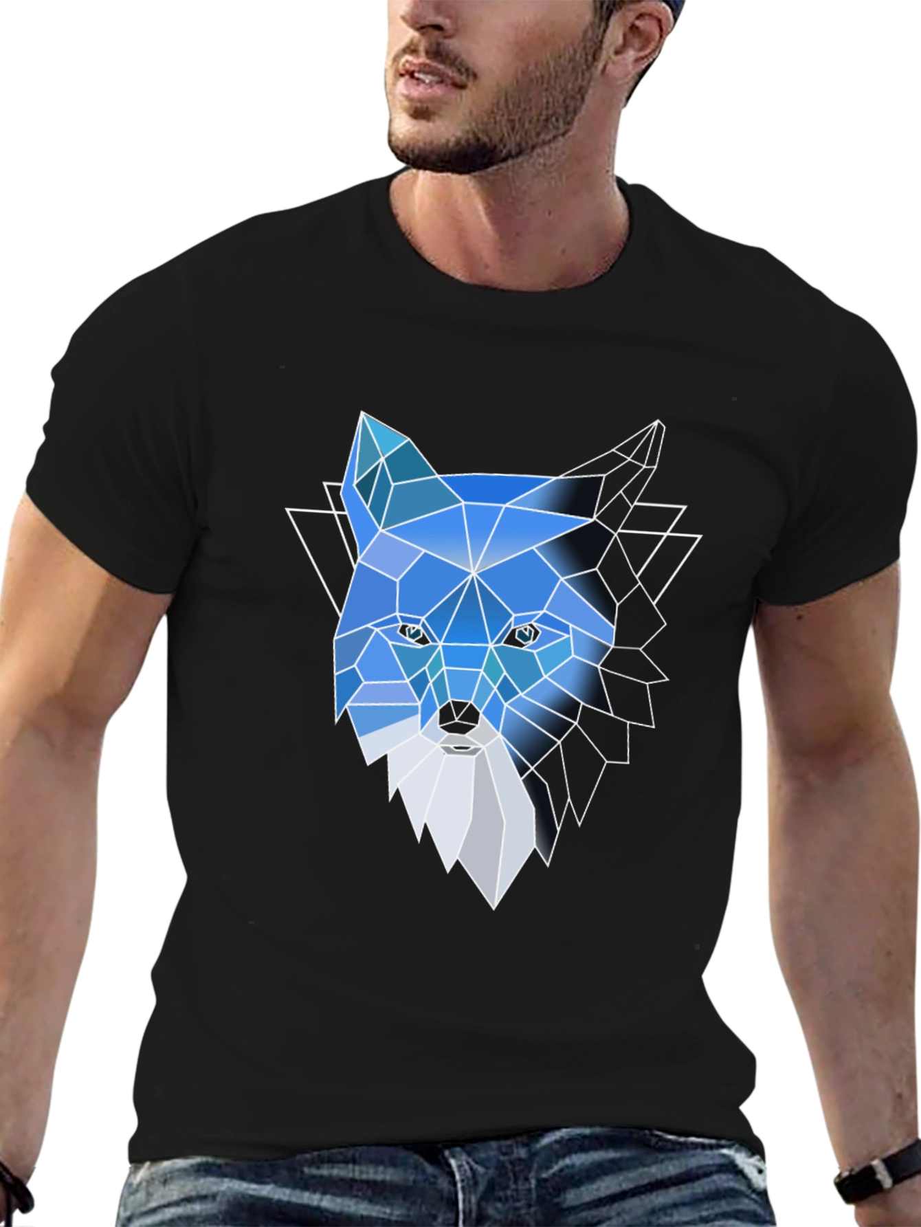 Black Geometric Fox Graphic Tee - Modern Crew Neck T-Shirt view 6