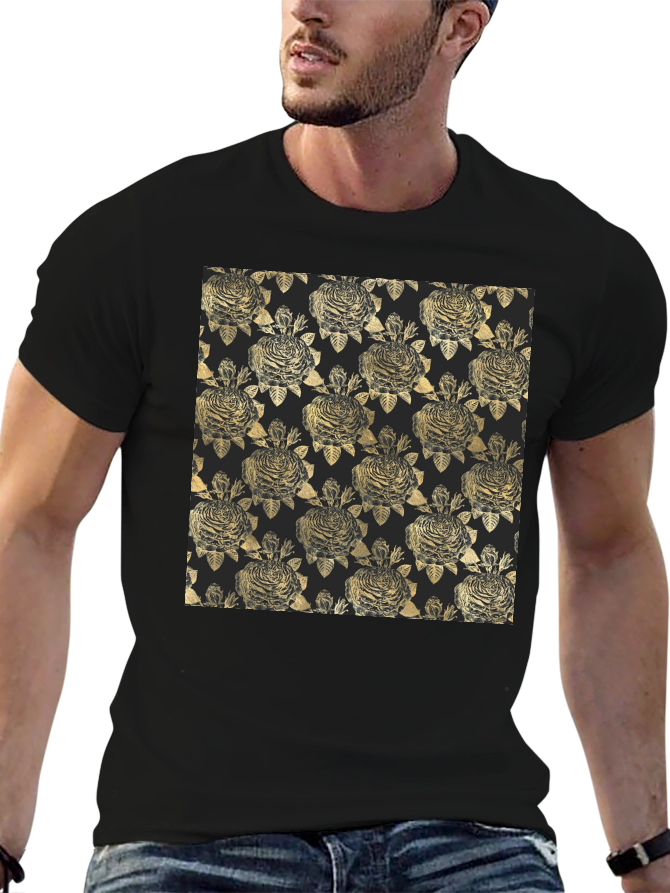 Black Golden Floral Pattern Black T-Shirt view 6