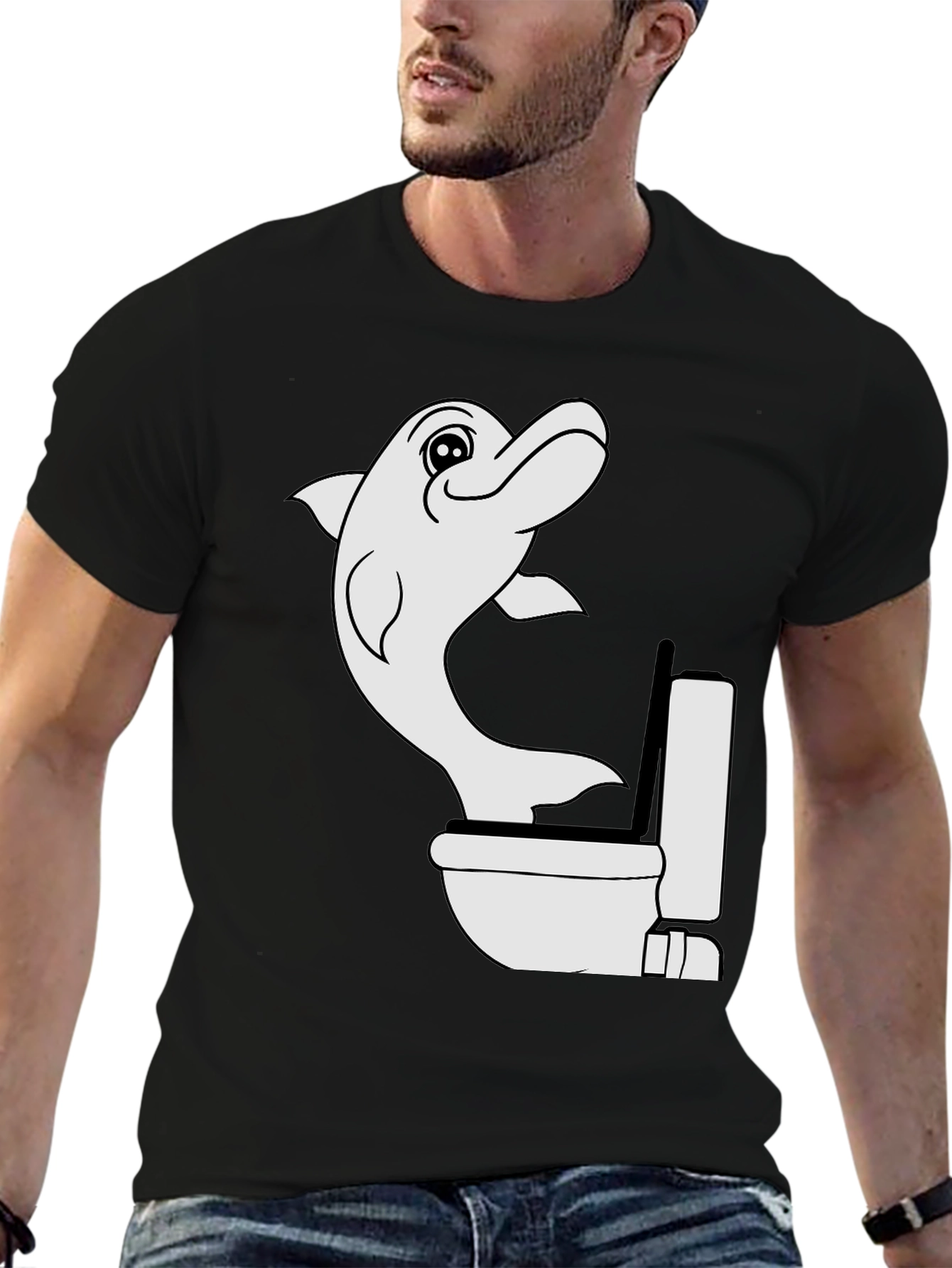 Black Dolphin Toilet Humor Black T-Shirt view 6