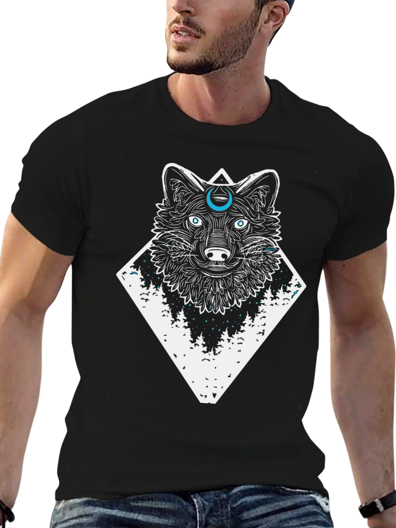 Black Wolf & Moon Graphic Tee - Black Cotton T-Shirt view 6