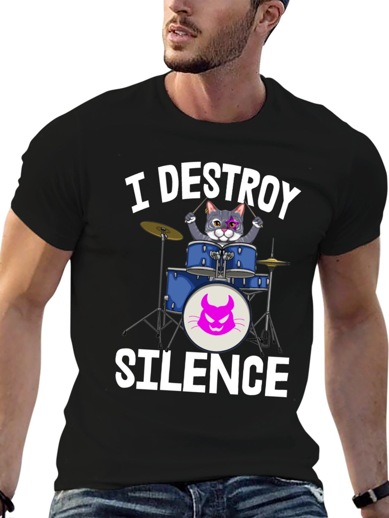 Black I Destroy Silence Cat Drummer T-Shirt view 6