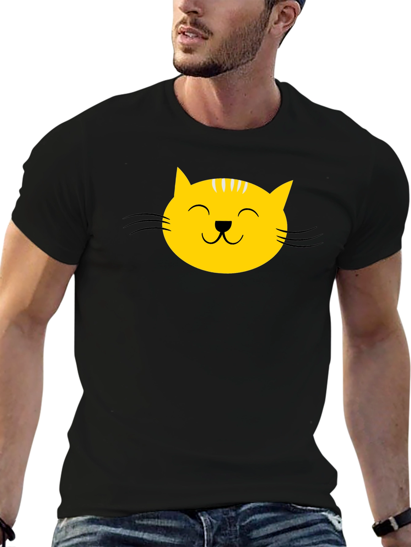 Black Black T-Shirt with Yellow Cat Face Graphic view 6