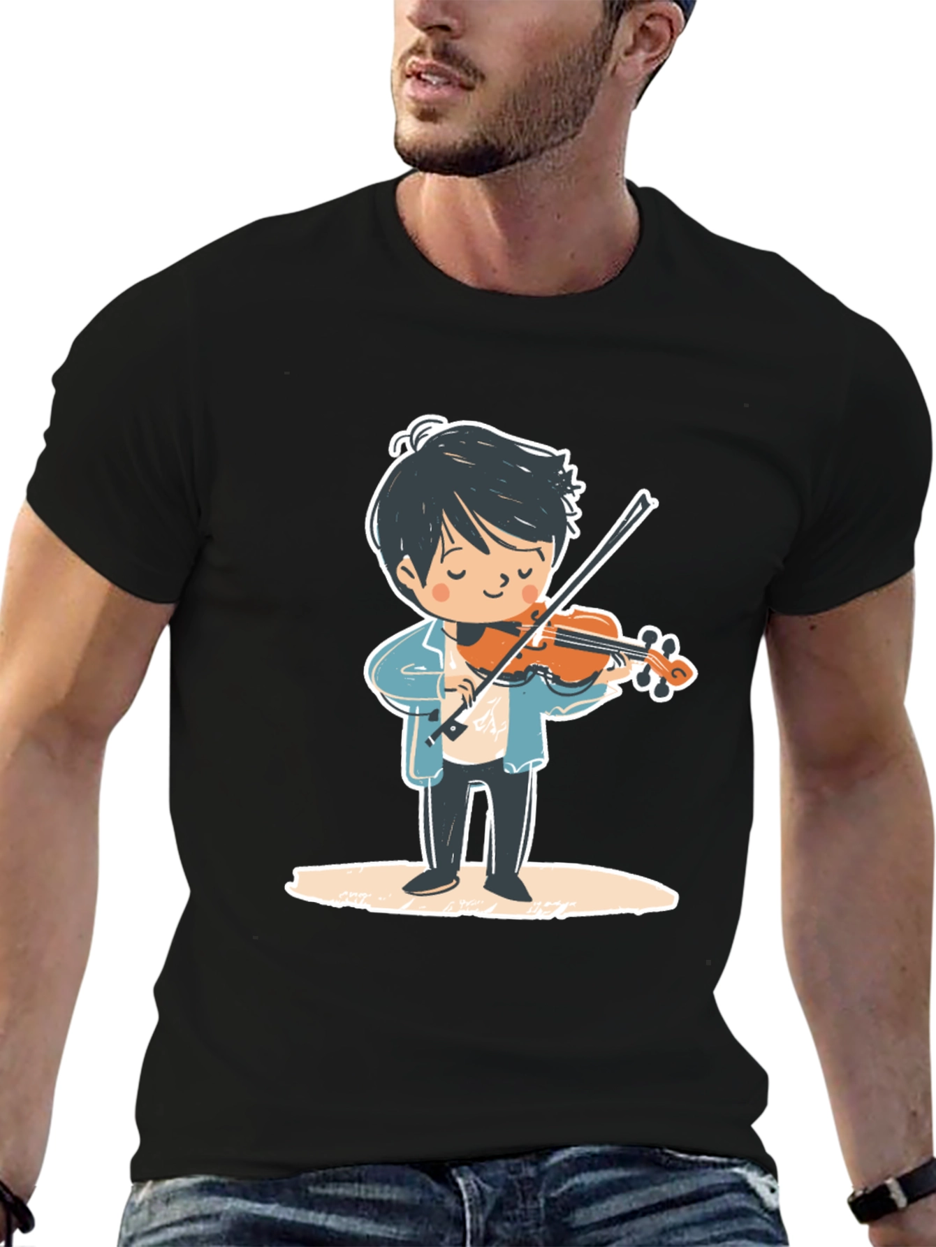 Black Violinist Cartoon Graphic Tee - Unisex Black T-Shirt view 6
