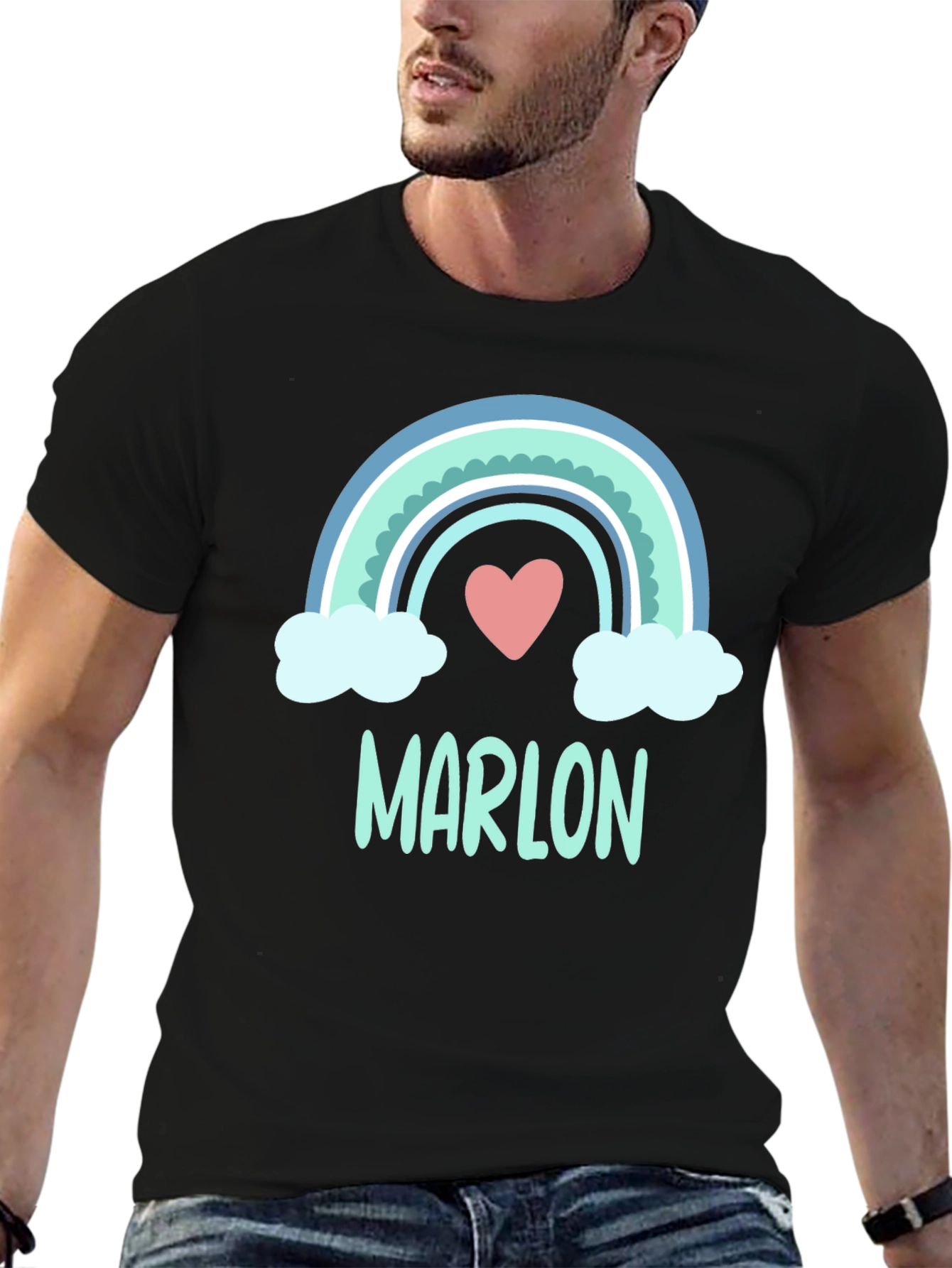 Black Personalized 'Marlon' Rainbow Heart T-Shirt view 6