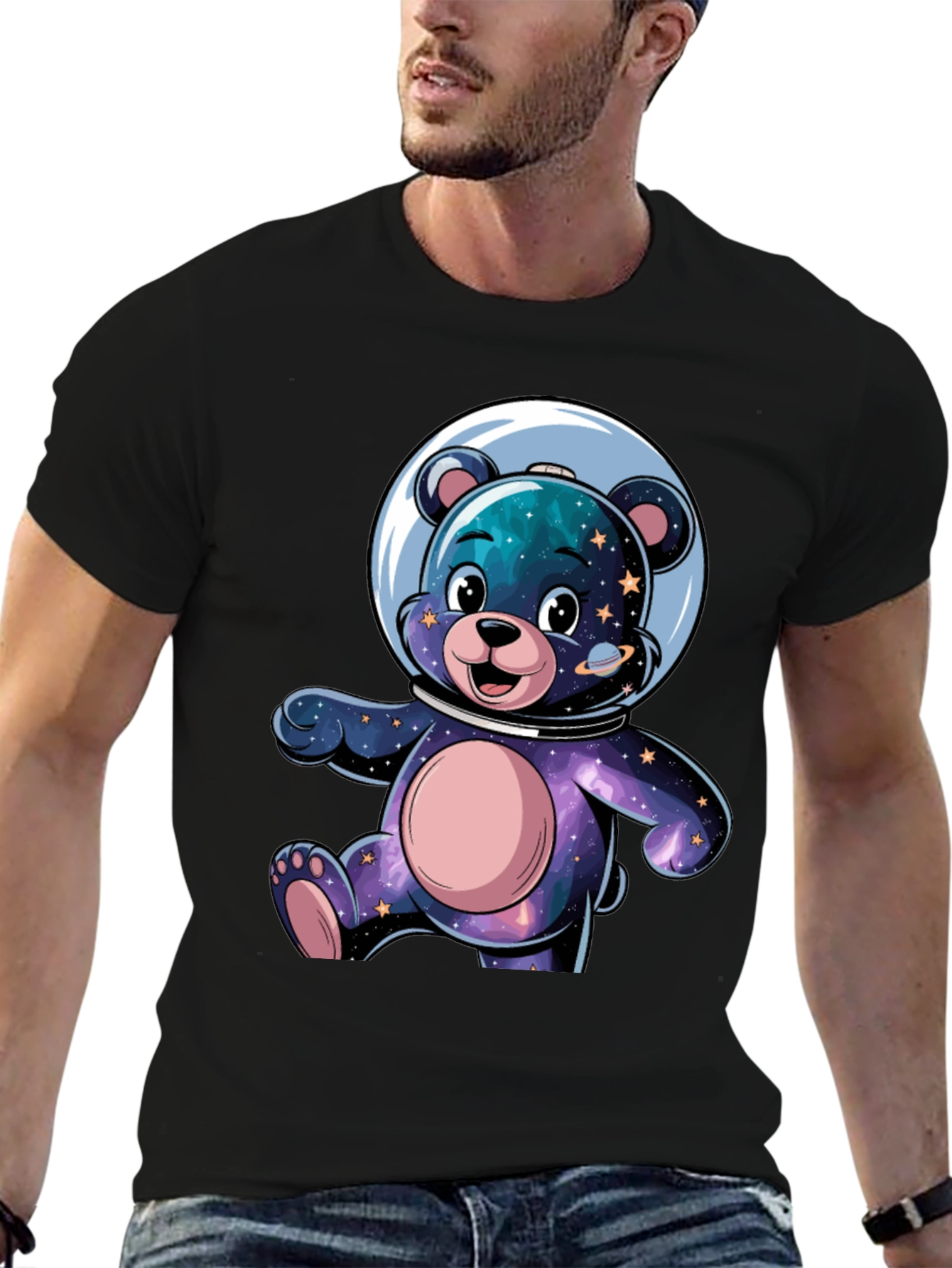 Black Astronaut Bear Graphic Tee - Galaxy Design view 6