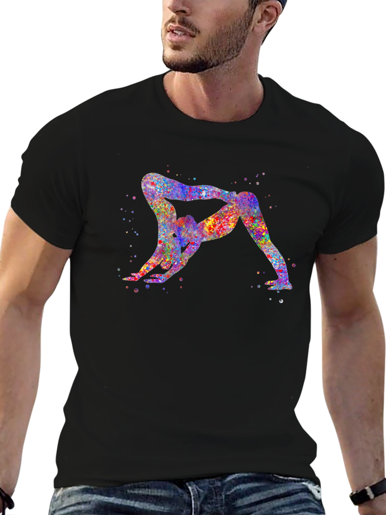 Black Yoga Couple Watercolor Graphic Tee - Unisex Black T-Shirt view 6