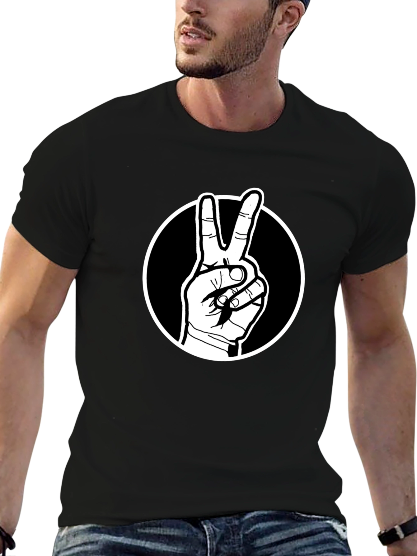 Black Peace Sign Graphic Tee - Black Cotton T-Shirt view 6