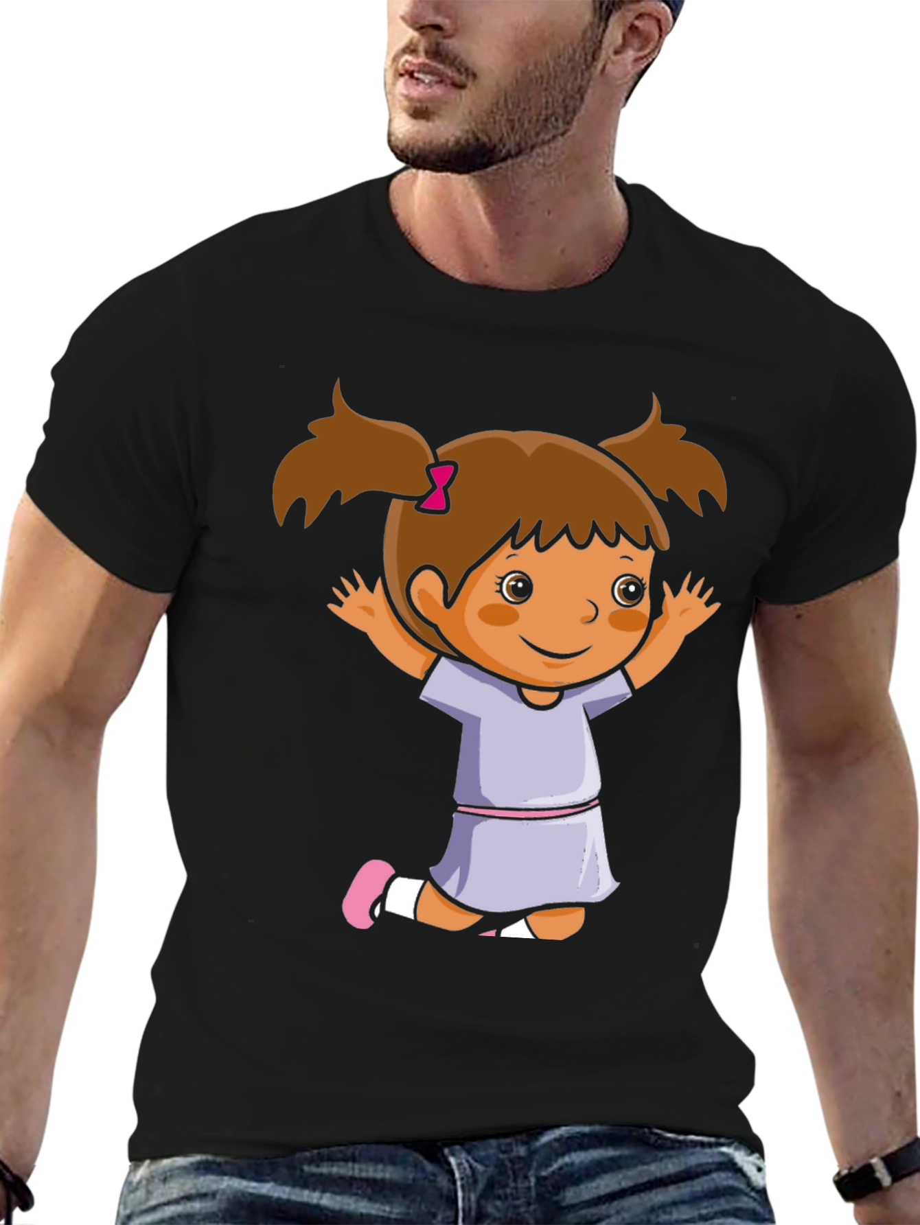 Black Cute Girl Cartoon Black T-Shirt view 6