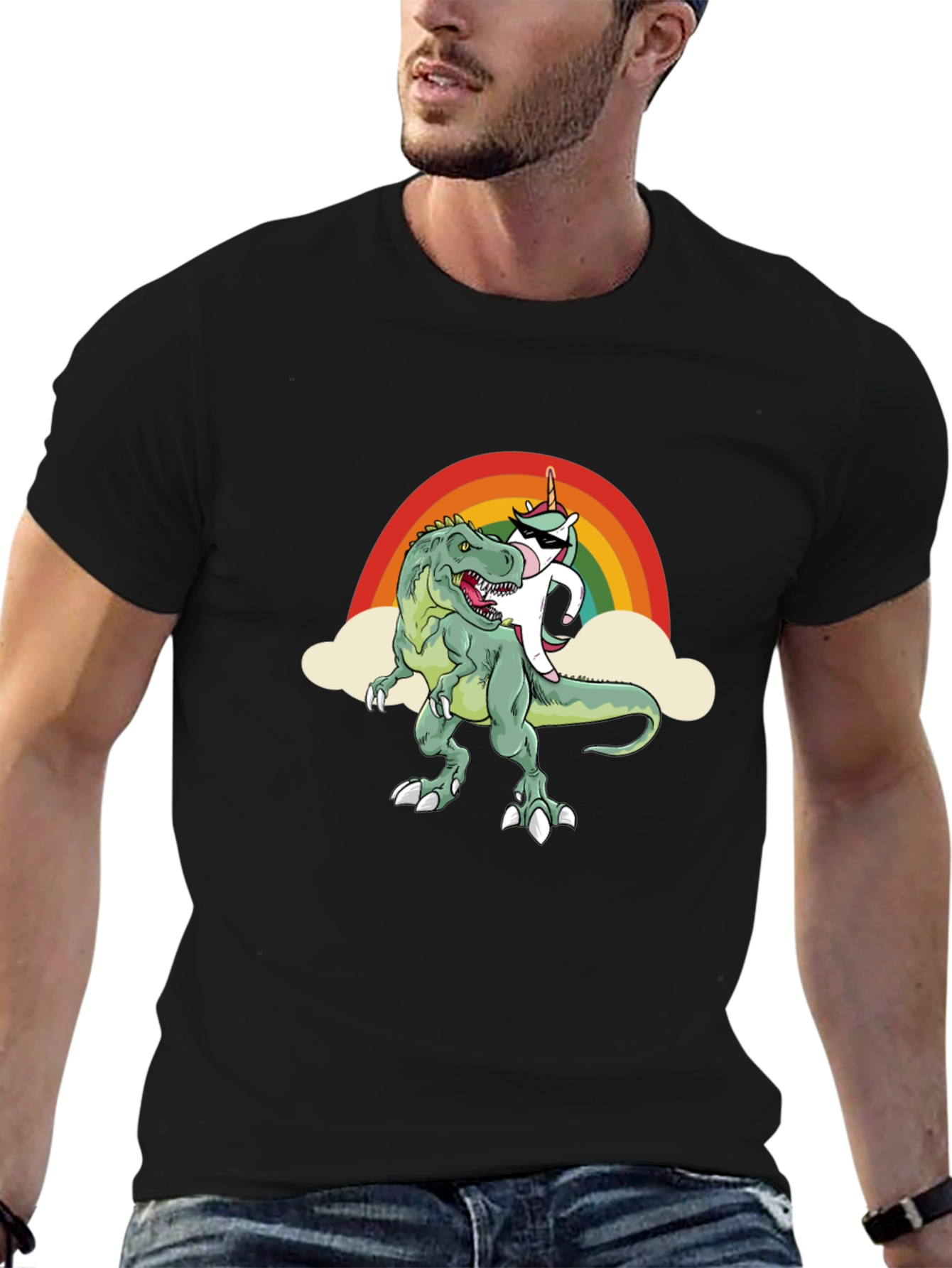 Black Unicorn Riding Dinosaur T-Shirt Funny Tee view 6