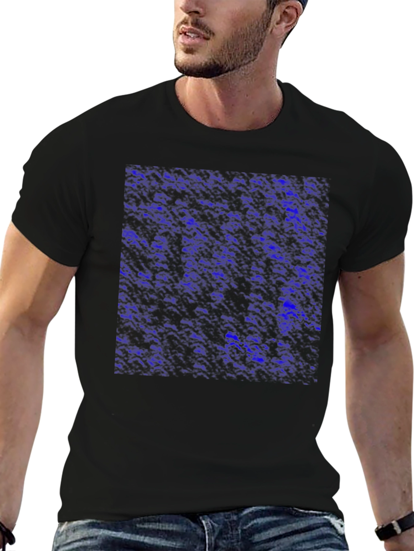 Black Abstract Blue Pattern Men's Black T-Shirt view 6