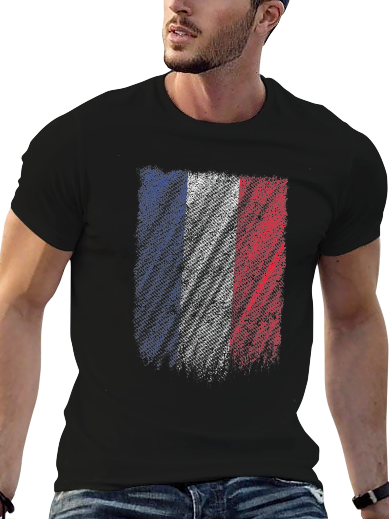 Black France Flag Graphic T-Shirt - Distressed Design view 6
