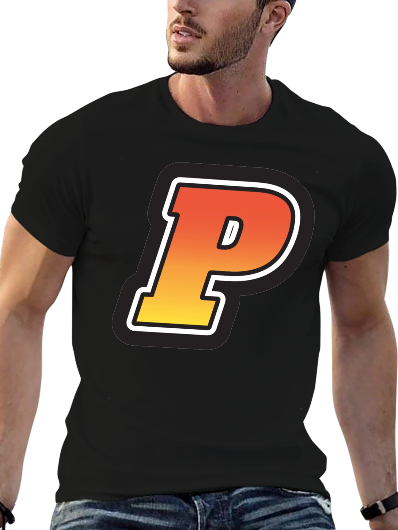Black Retro P Letter T-Shirt - Black Cotton Tee view 6