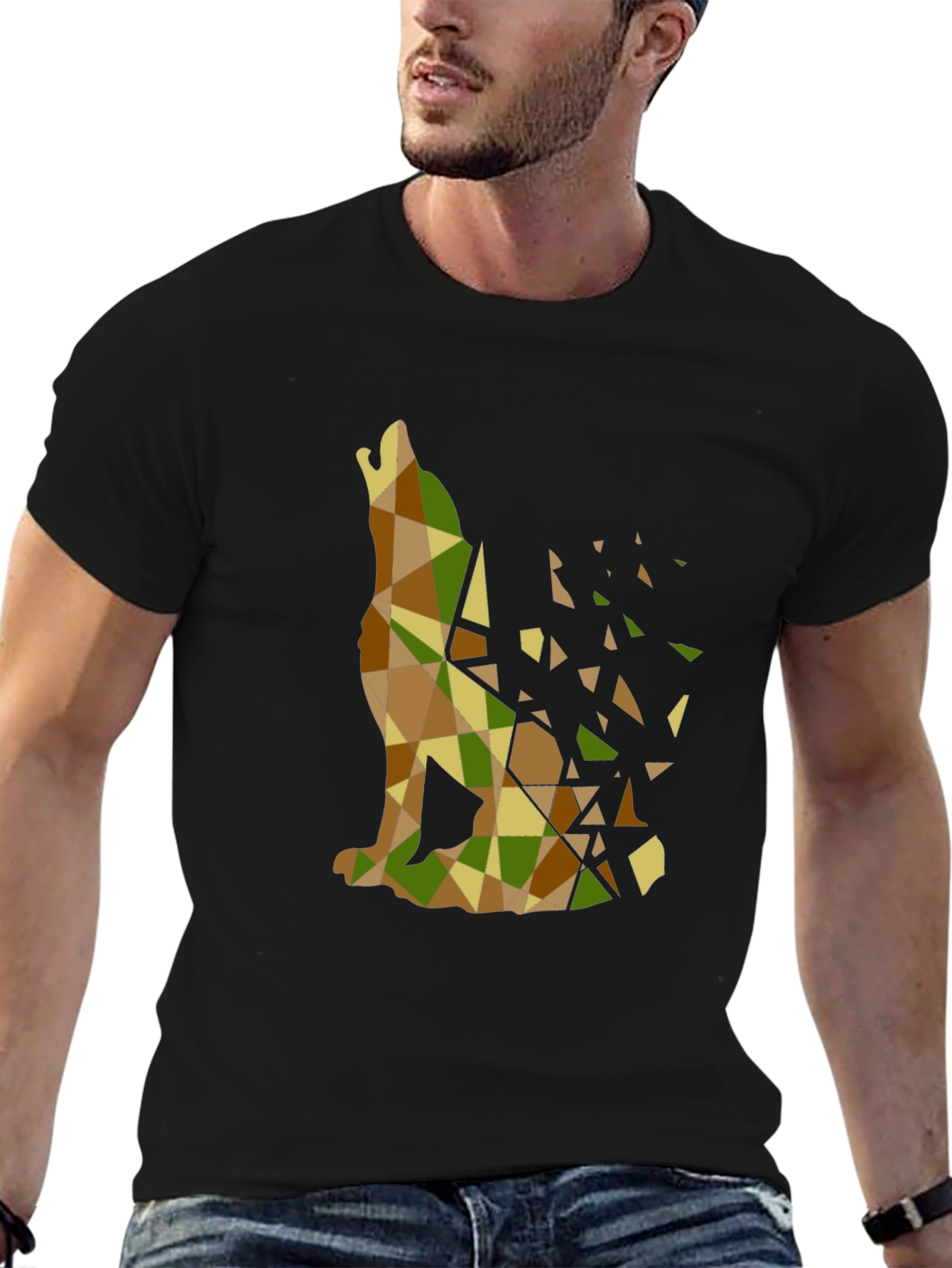 Black Geometric Wolf Print Black T-Shirt view 6