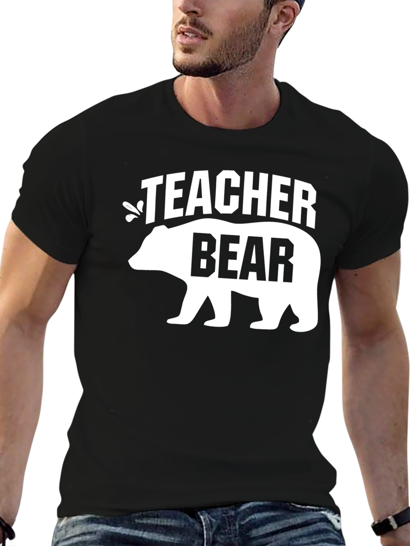 Black Teacher Bear Graphic T-Shirt - Black Crew Neck view 6
