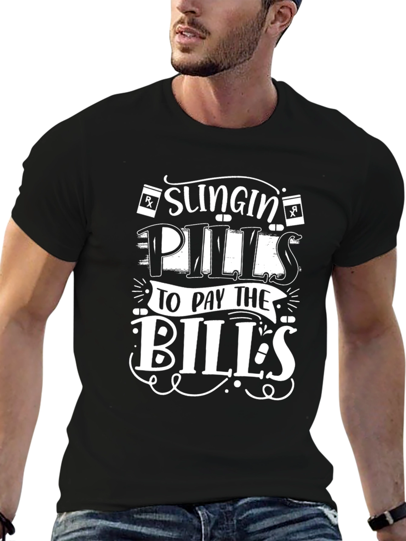 Black Slingin' Pills to Pay the Bills Black Graphic T-Shirt view 6