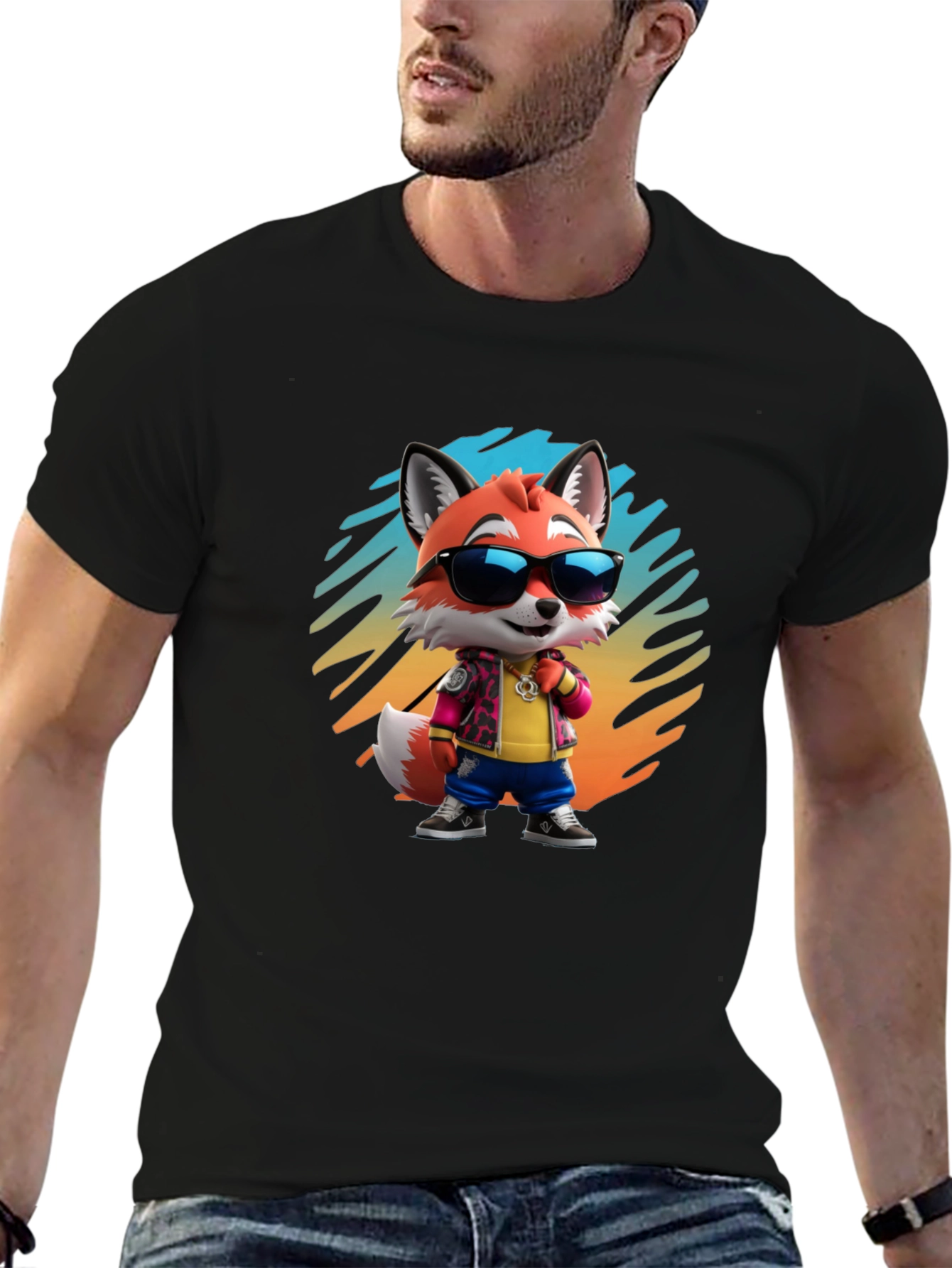 Black Cool Cartoon Fox T-Shirt - Black Cotton Tee view 6