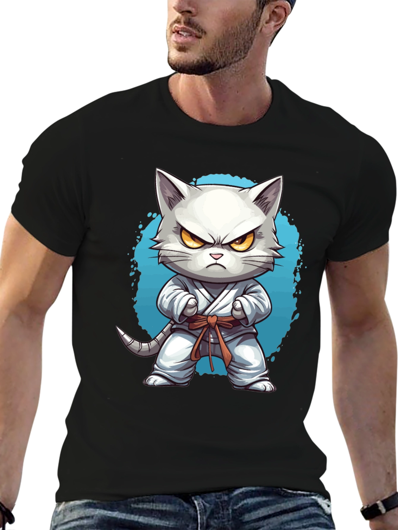 Black Karate Cat T-Shirt - Funny Feline Martial Arts Tee view 6