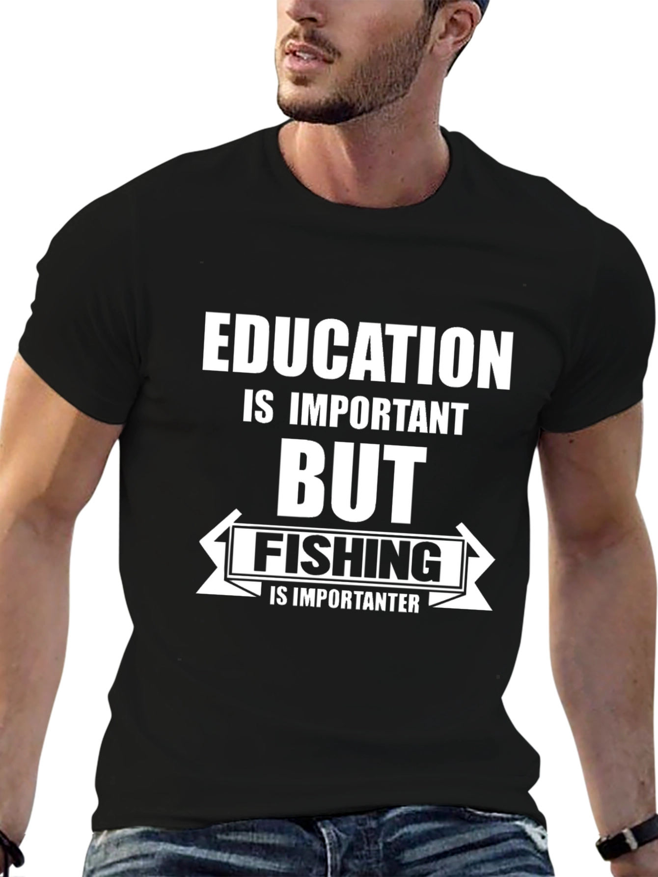 Black Funny Fishing T-Shirt: Education is Important view 6