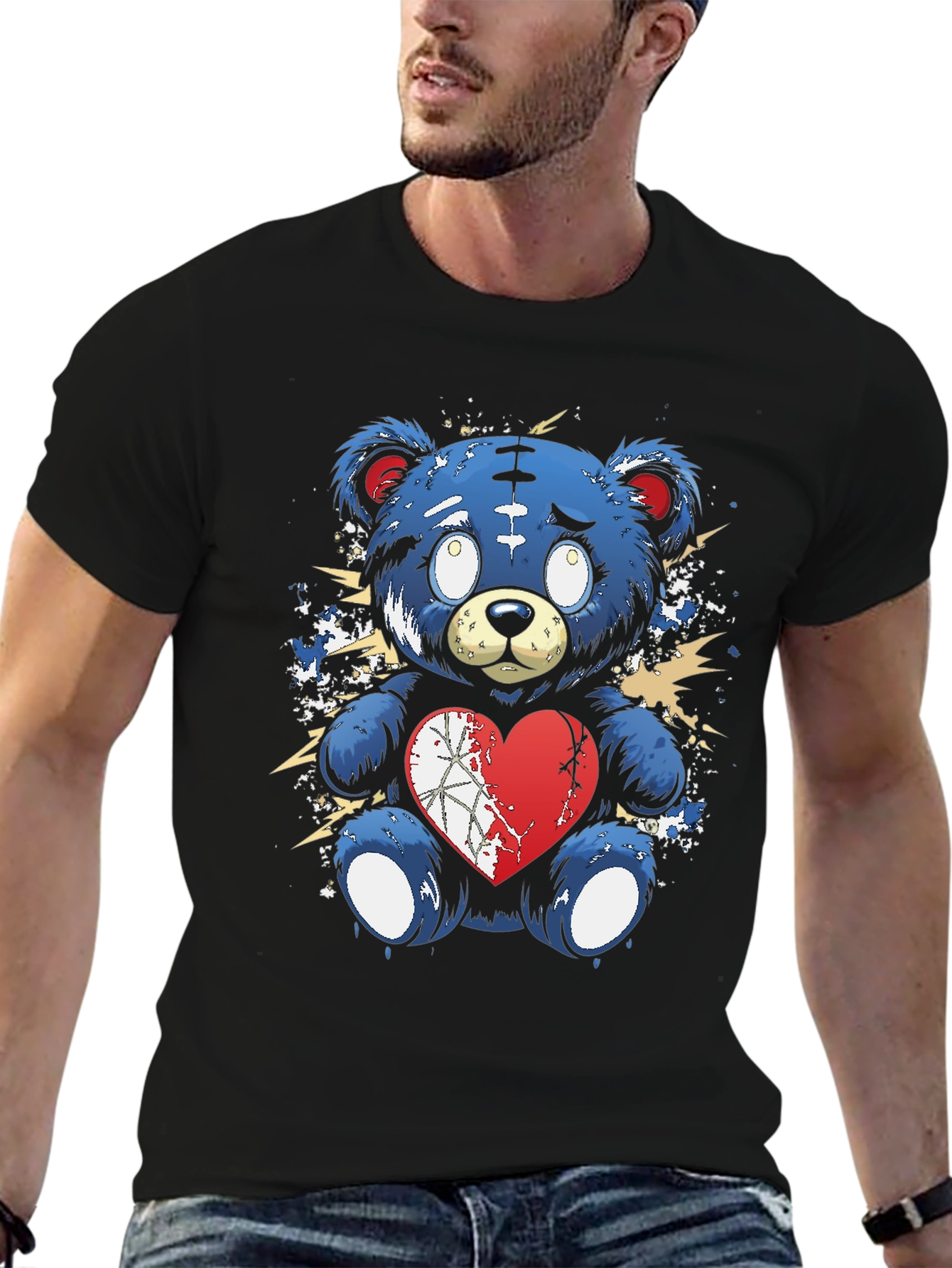 Black Broken Heart Teddy Bear Graphic Tee - Black view 6