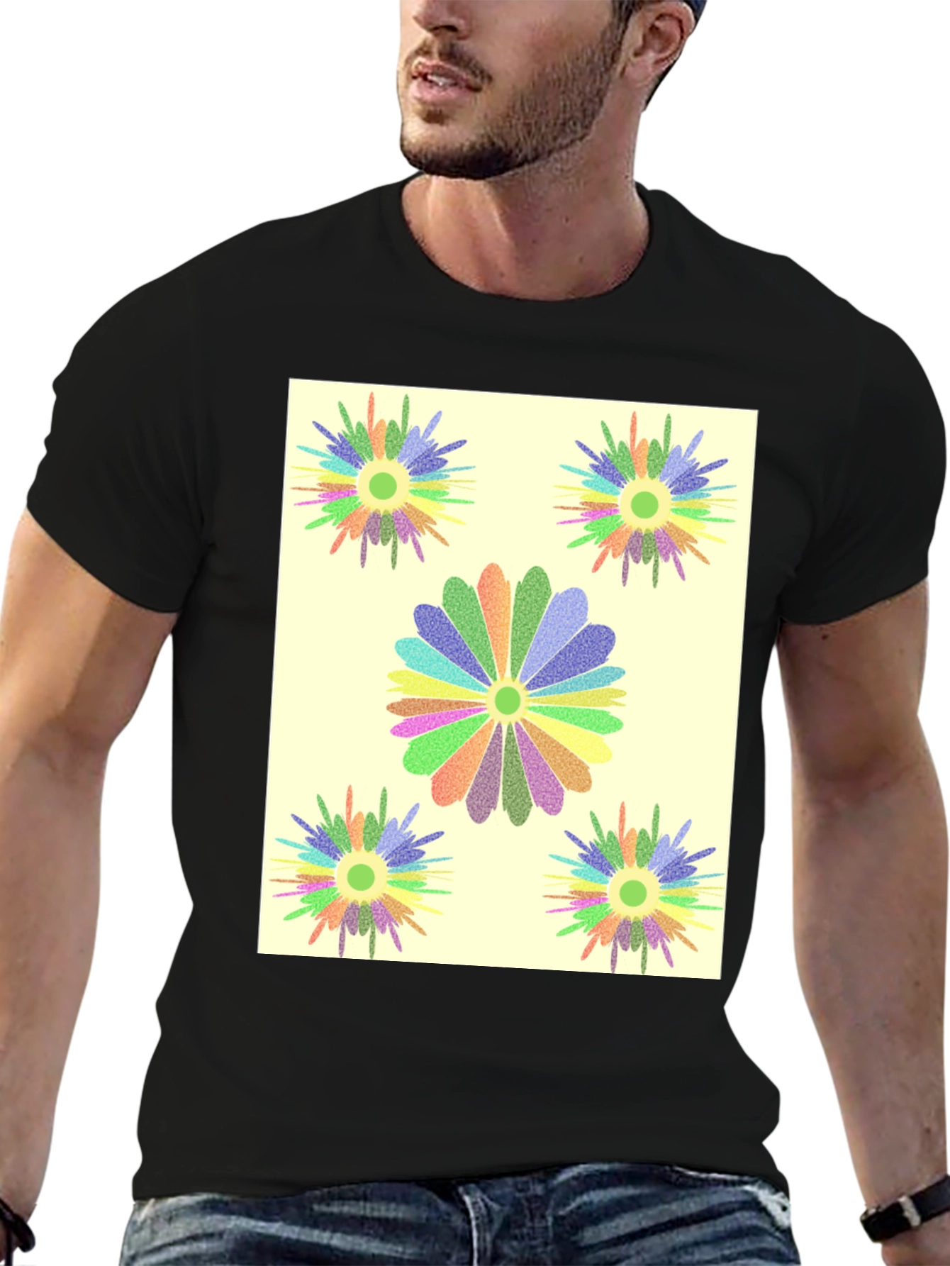 Black Floral Burst Graphic Tee - Black Cotton T-Shirt view 6