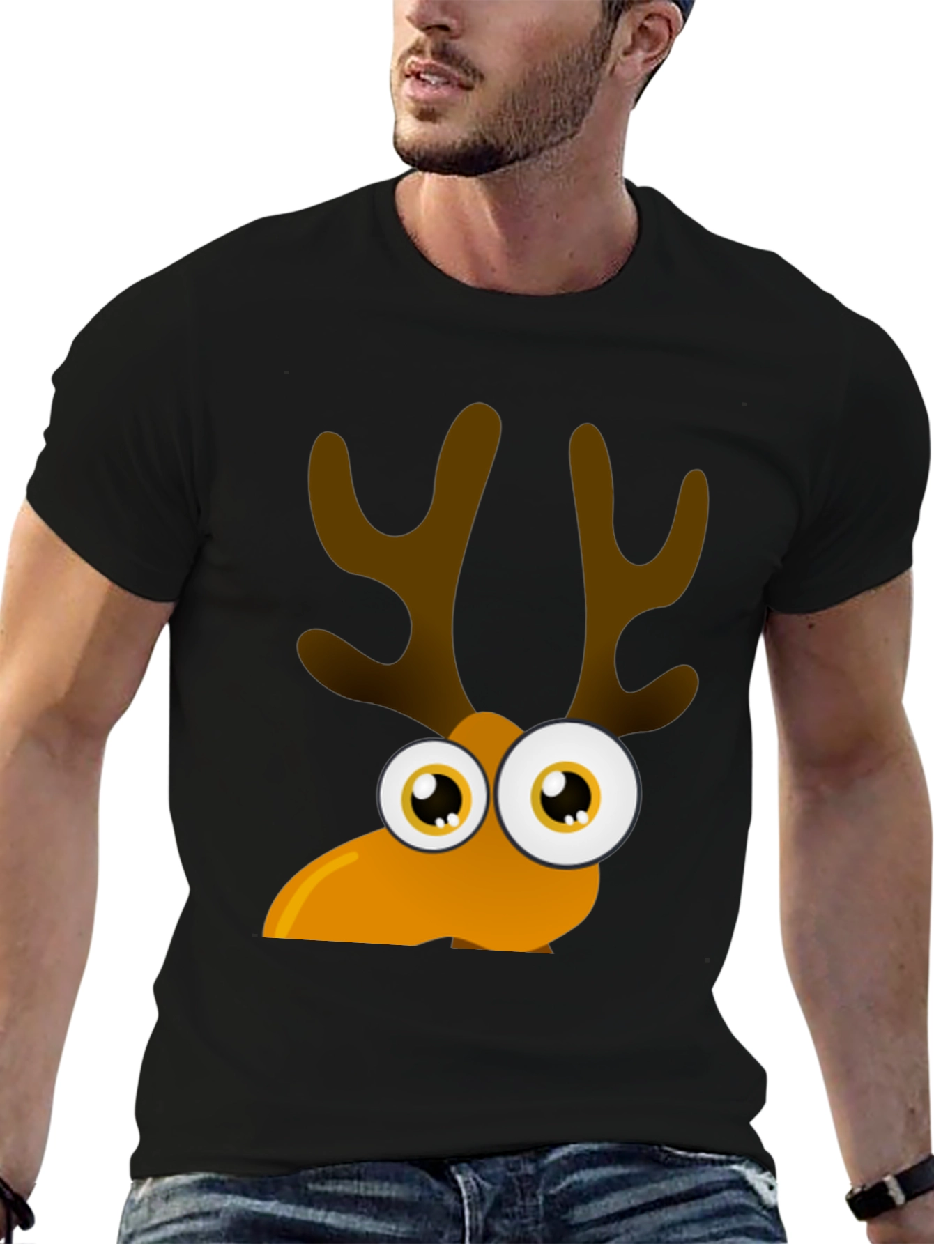Black Funny Cartoon Reindeer Graphic Tee view 6