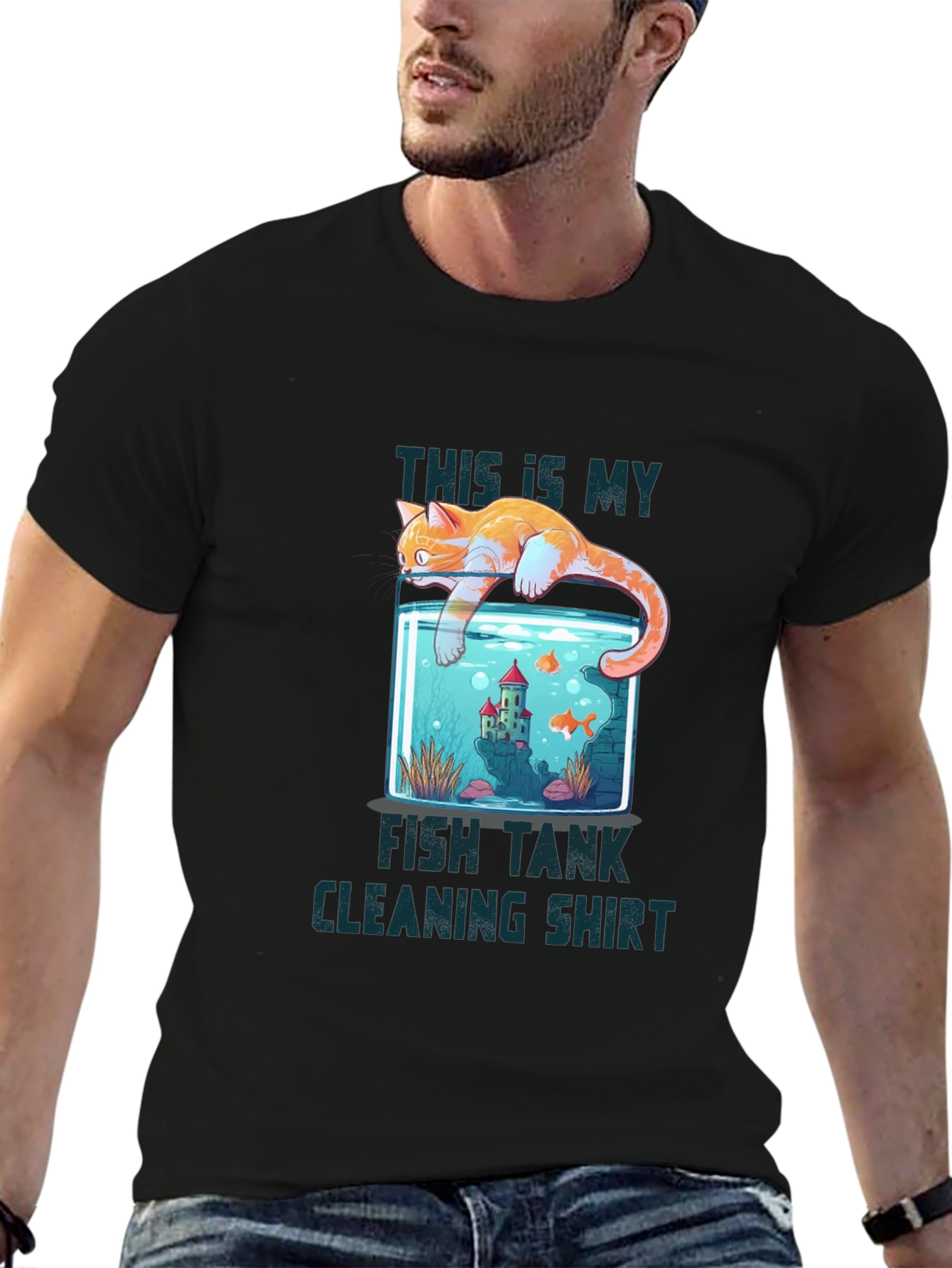 Black Cat Fish Tank Cleaning T-Shirt view 6