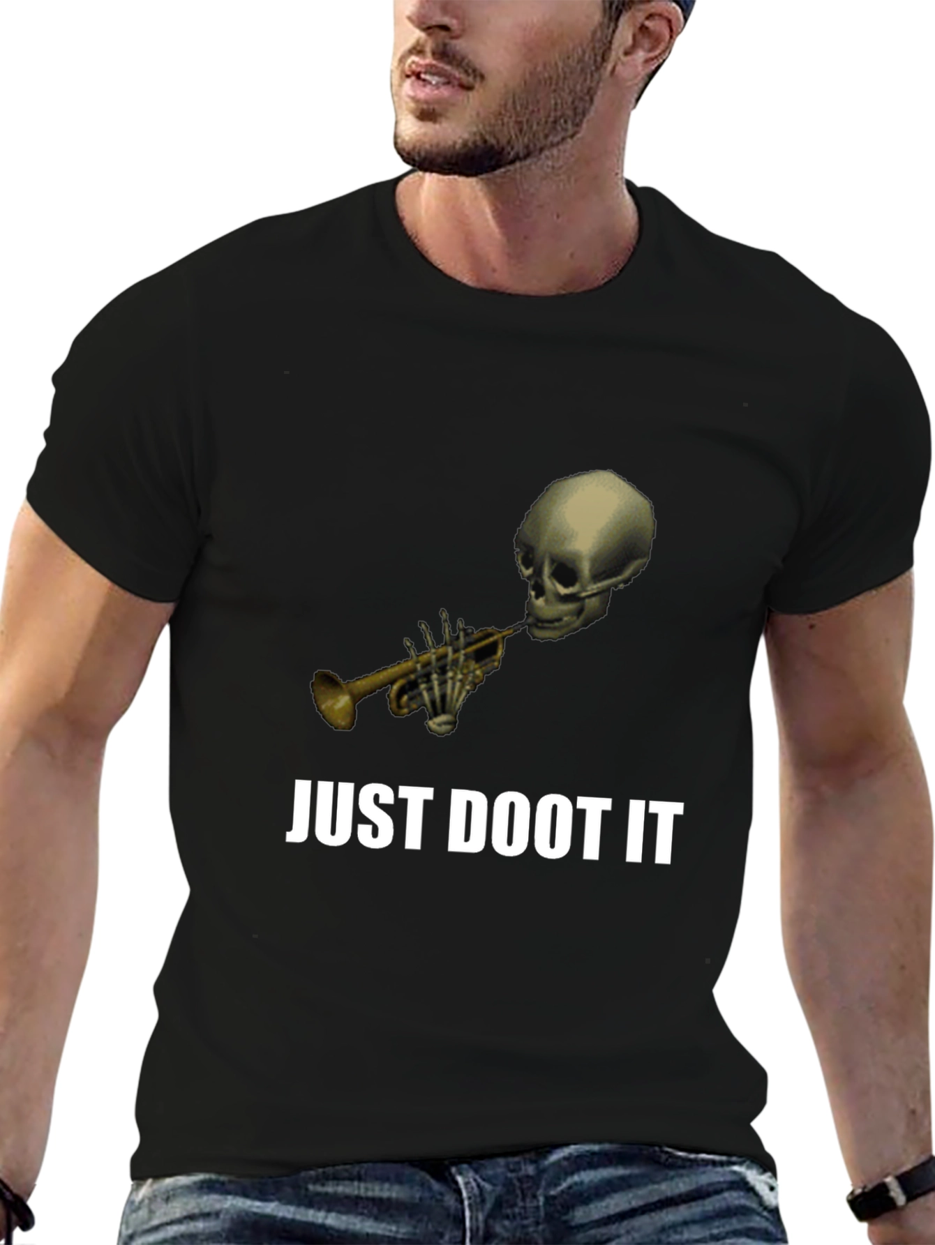 Black Just Doot It Funny Skeleton Trumpet Graphic Tee view 6