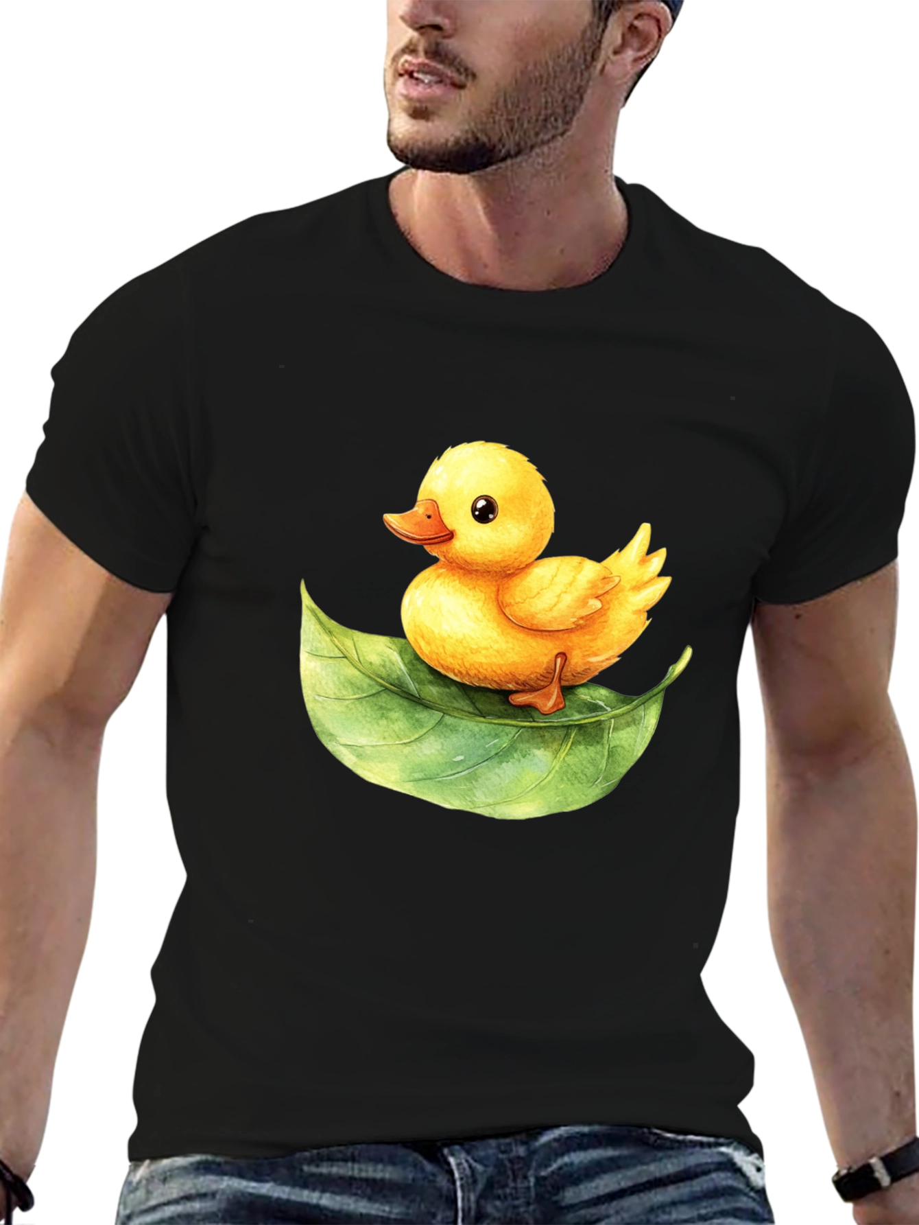 Black Cute Duckling on Leaf Graphic Tee view 6