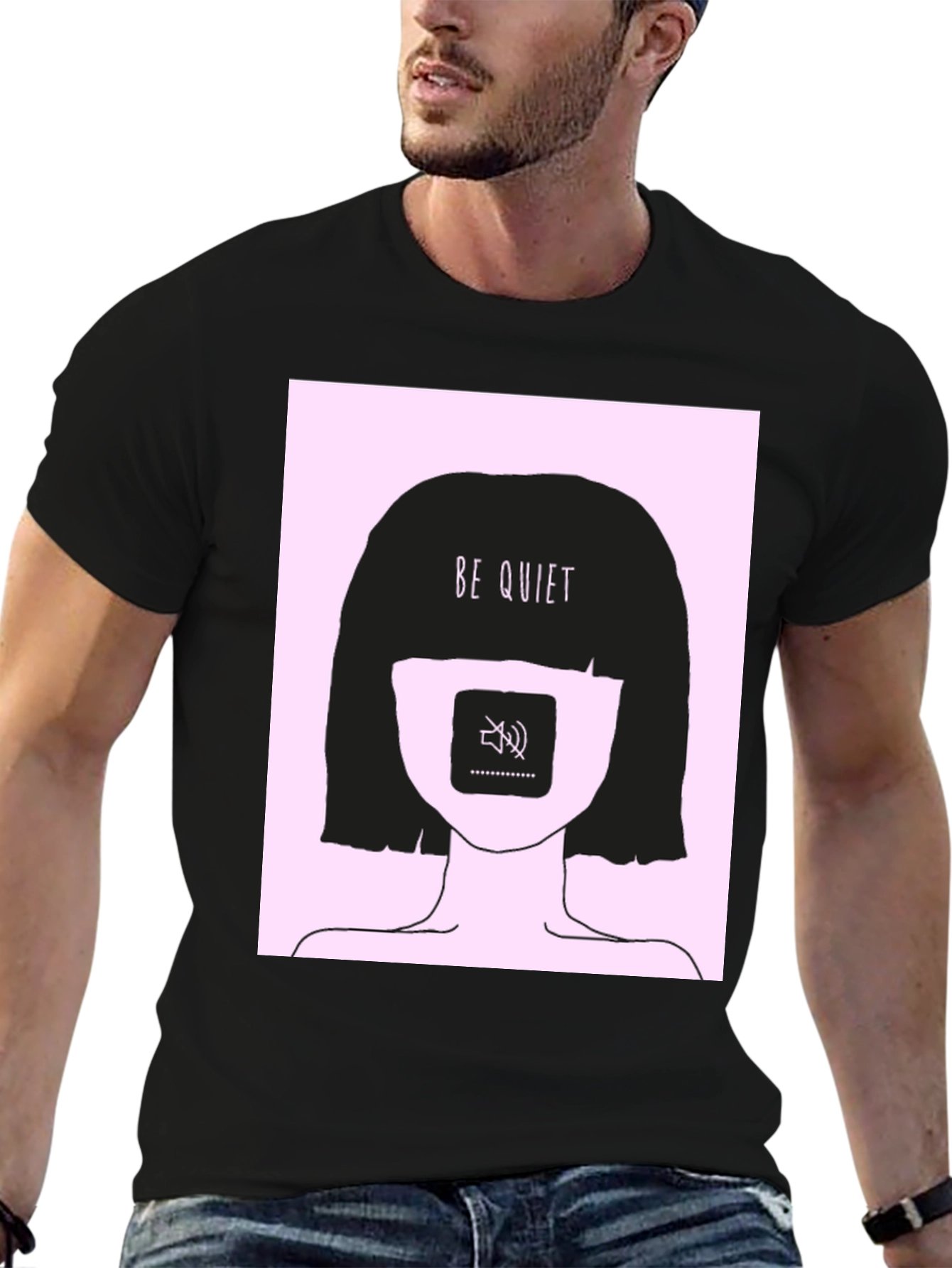 Black Be Quiet Graphic Print Tee - Unisex Black T-Shirt view 6